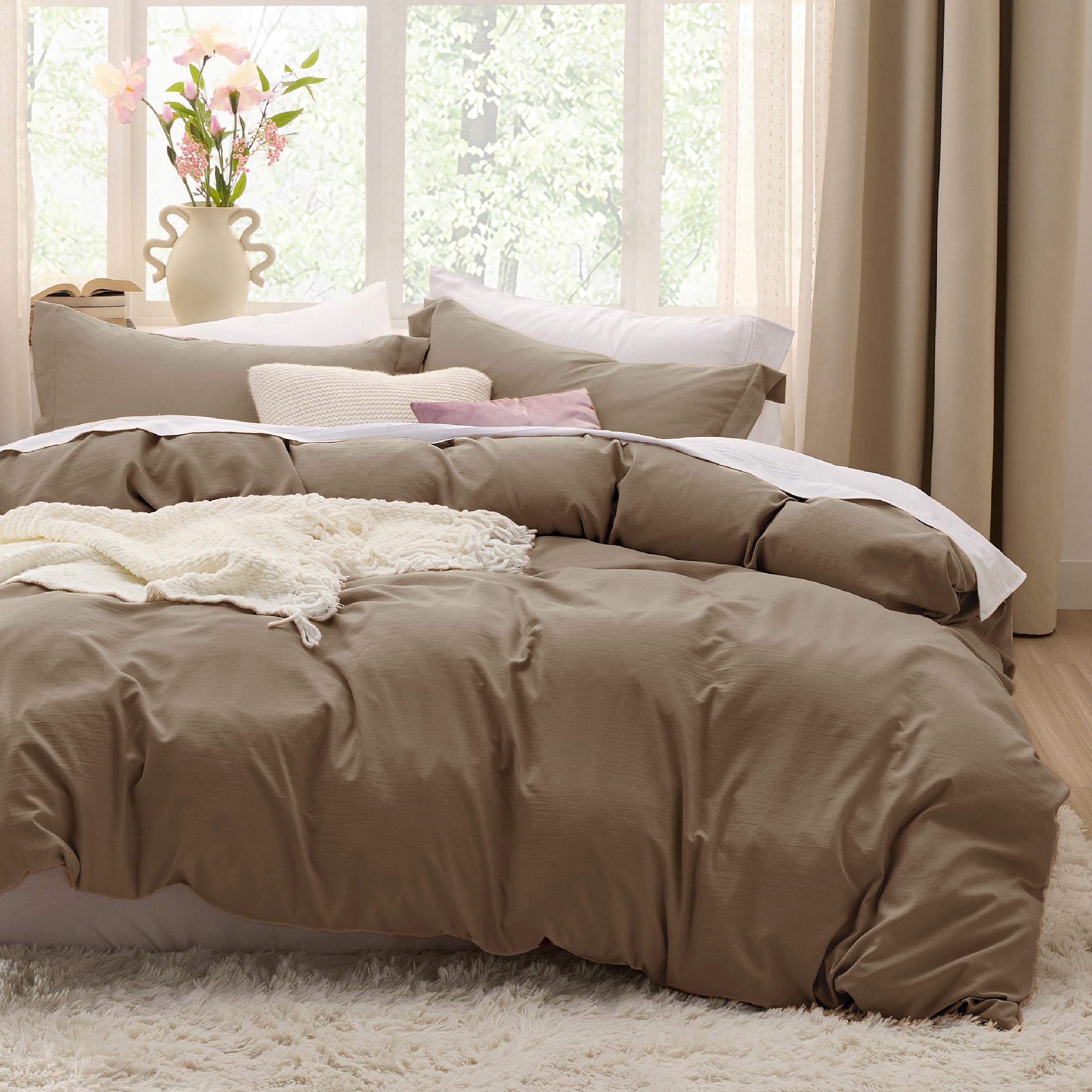 Bedsure 120x98 Oversized King 3-Piece Brown Cotton Washed Duvet Cover Set