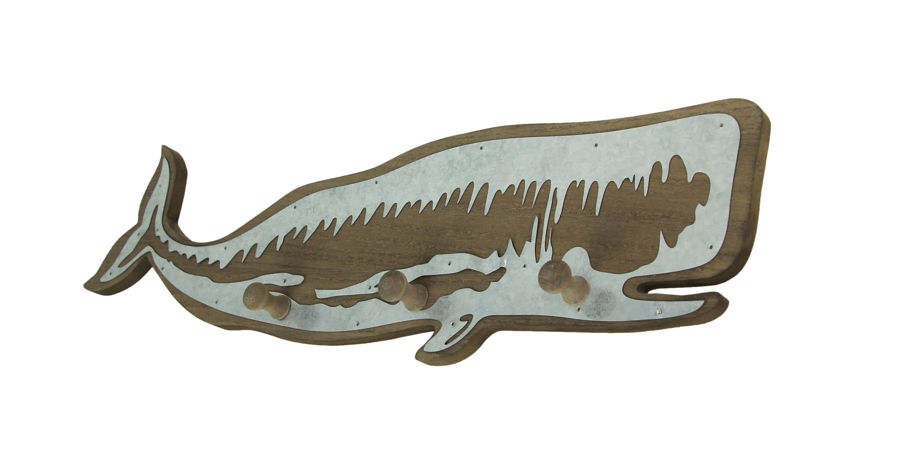 Zeckos ZKO-99110 Rustic Weathered Brown Wood Whale Wall Hook Rack with Metal Accents - Decorative Ocean Decor Art Sculpture - 21 Inches Long - Nautical Statement Piece