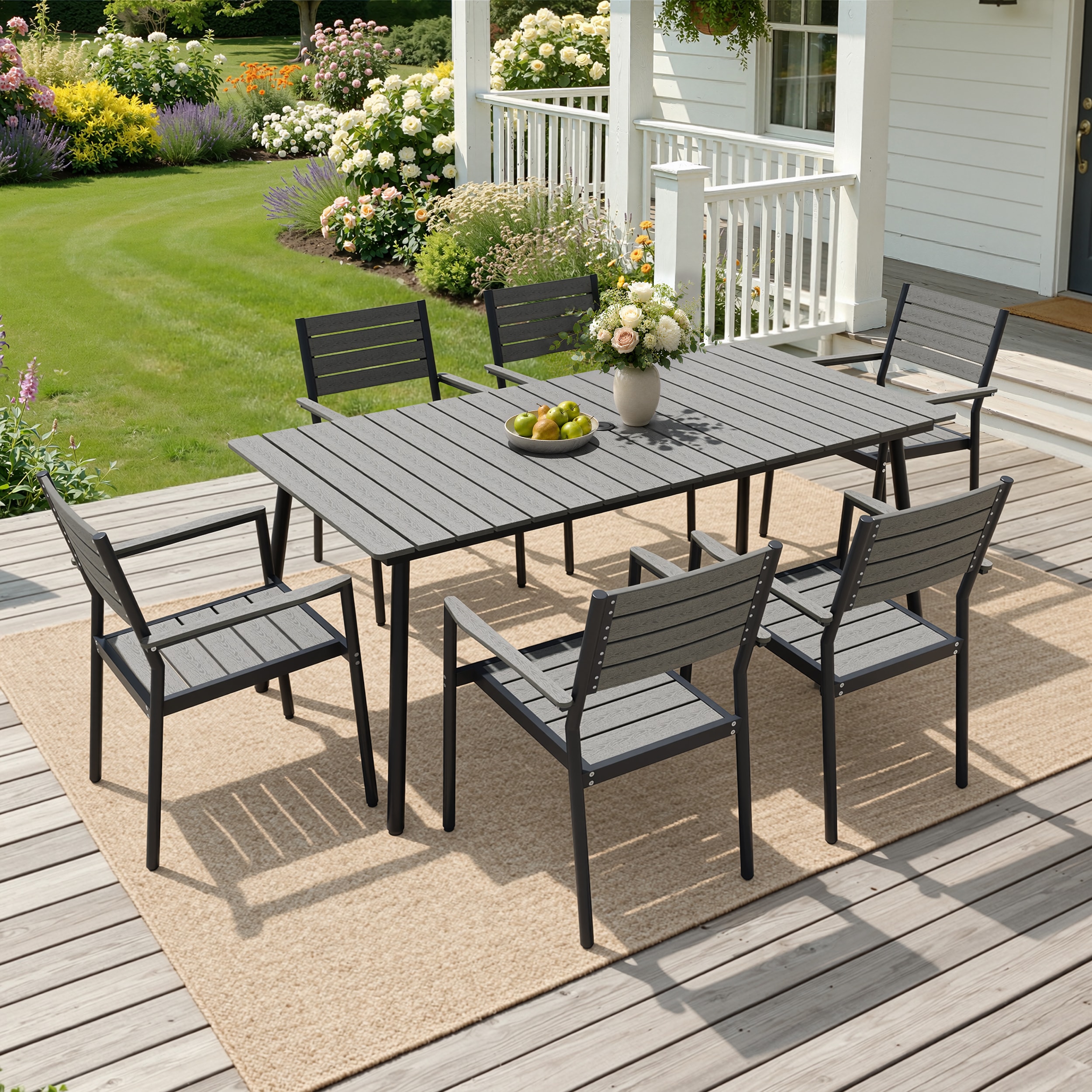 Crestlive Products - 7 -Piece With Armrest Patio Dining Set Aluminum Rectangle Table with 6 Gray ...