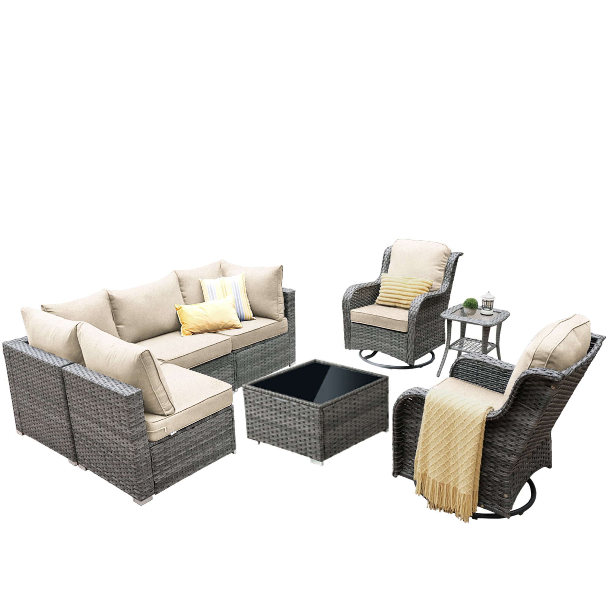 weaxty DDFPRRSGRS608 Kuuga Rattan Outdoor Sectional with Off-white Cushions and Steel Frame
