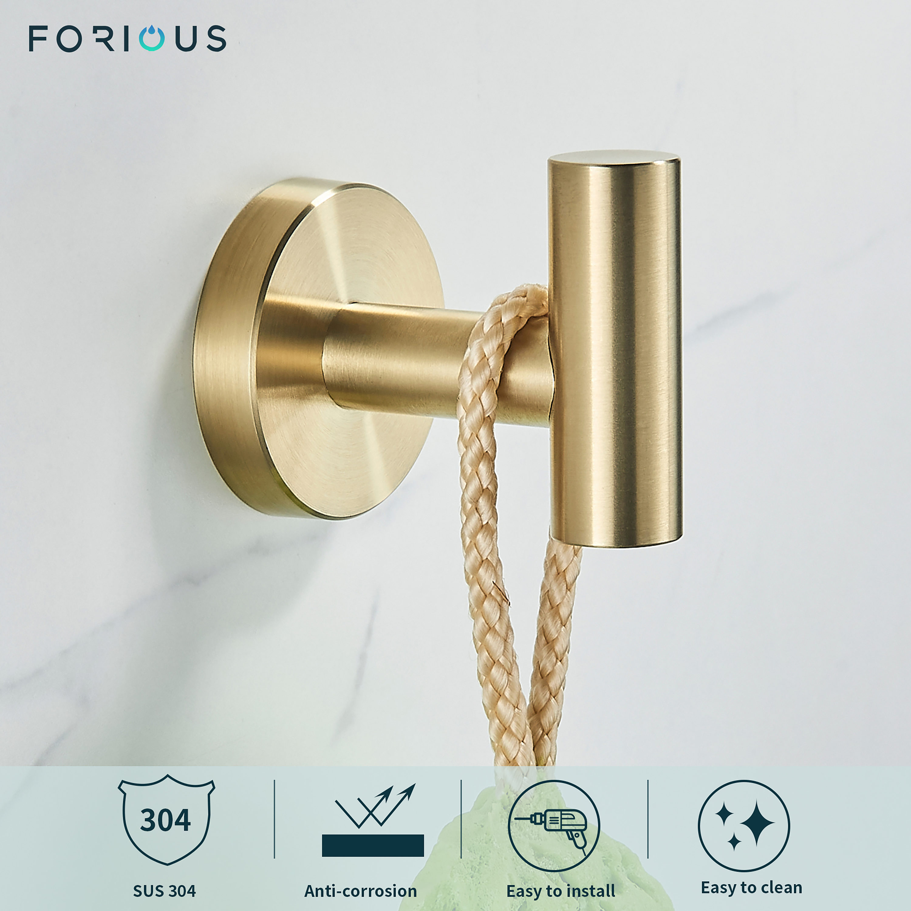 FORIOUS Brushed Gold 4-Hook Wall Mount Towel Hook Stainless Steel | LL0219G-4