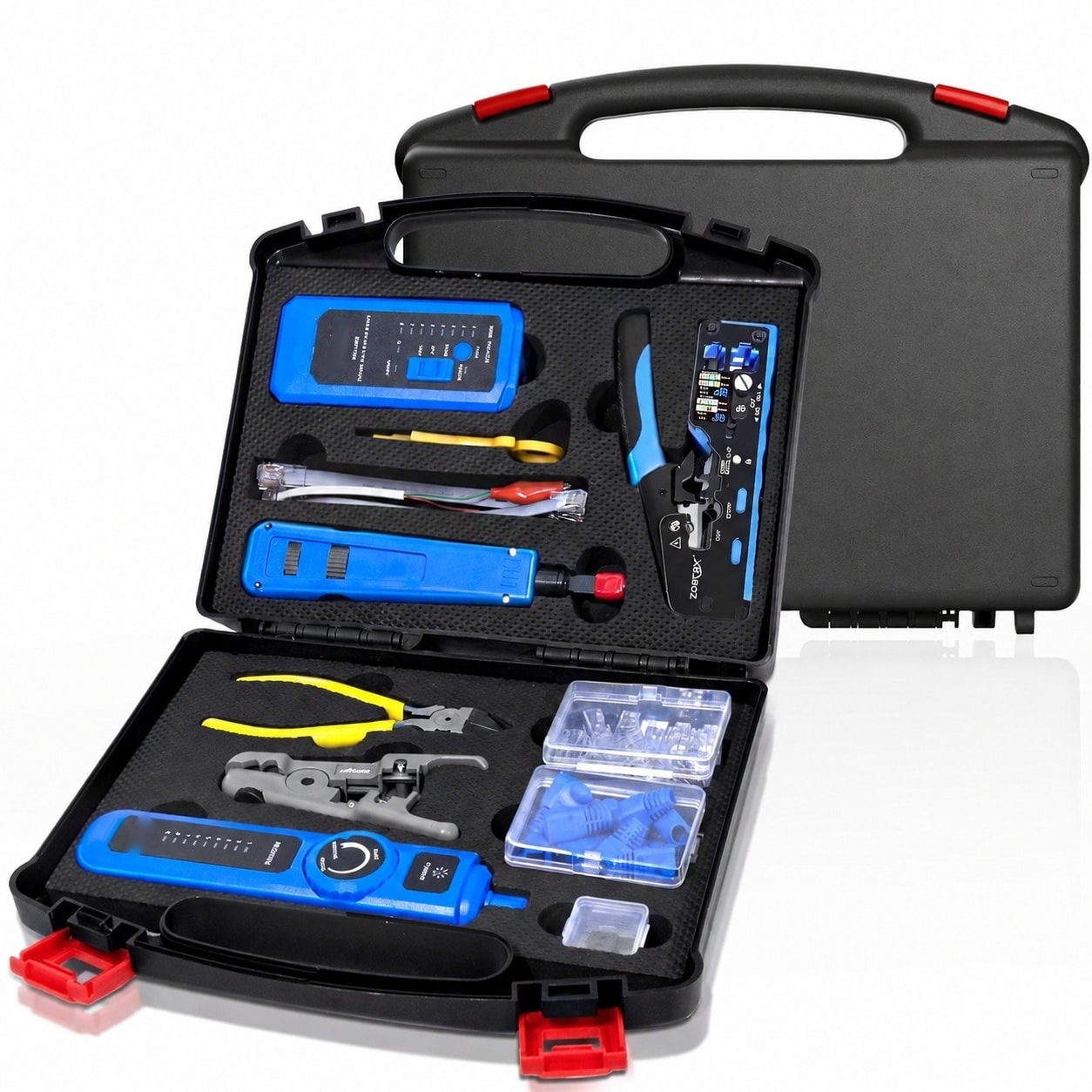 JVFCXXV  Professional Network Tool Kit 14 in 1 RJ45 Crimp Tool Cat6 Pass Through Connectors Cable Tester Wire Stripper Ethernet Punch Down Tool