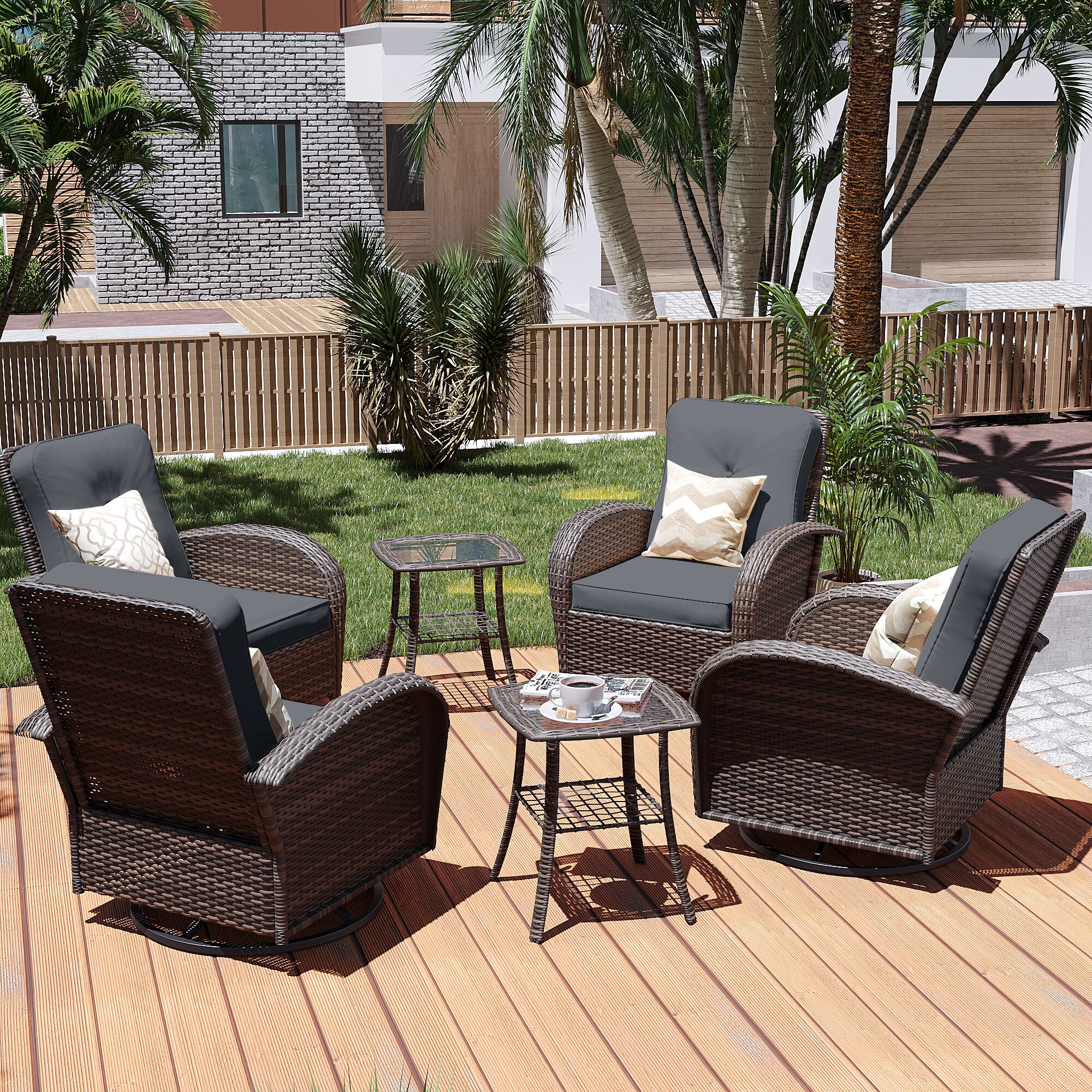 Patio Watcher LS-Y11-6PC-B3 Rattan Bistro Set Set of 4 Rattan Brown Metal Frame Swivel rocker Rocking Chair with Gray Cushioned Seat