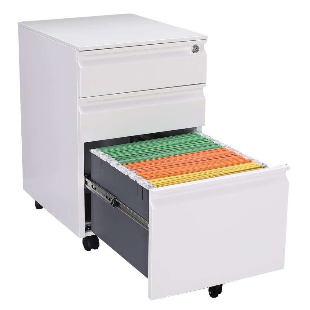 White 39 x 52 x 60 cm Steel Metal Famgizmo 3 Drawer Filing Mobile File Cabinet with Embedded Handle and Lock Fully Assembled 