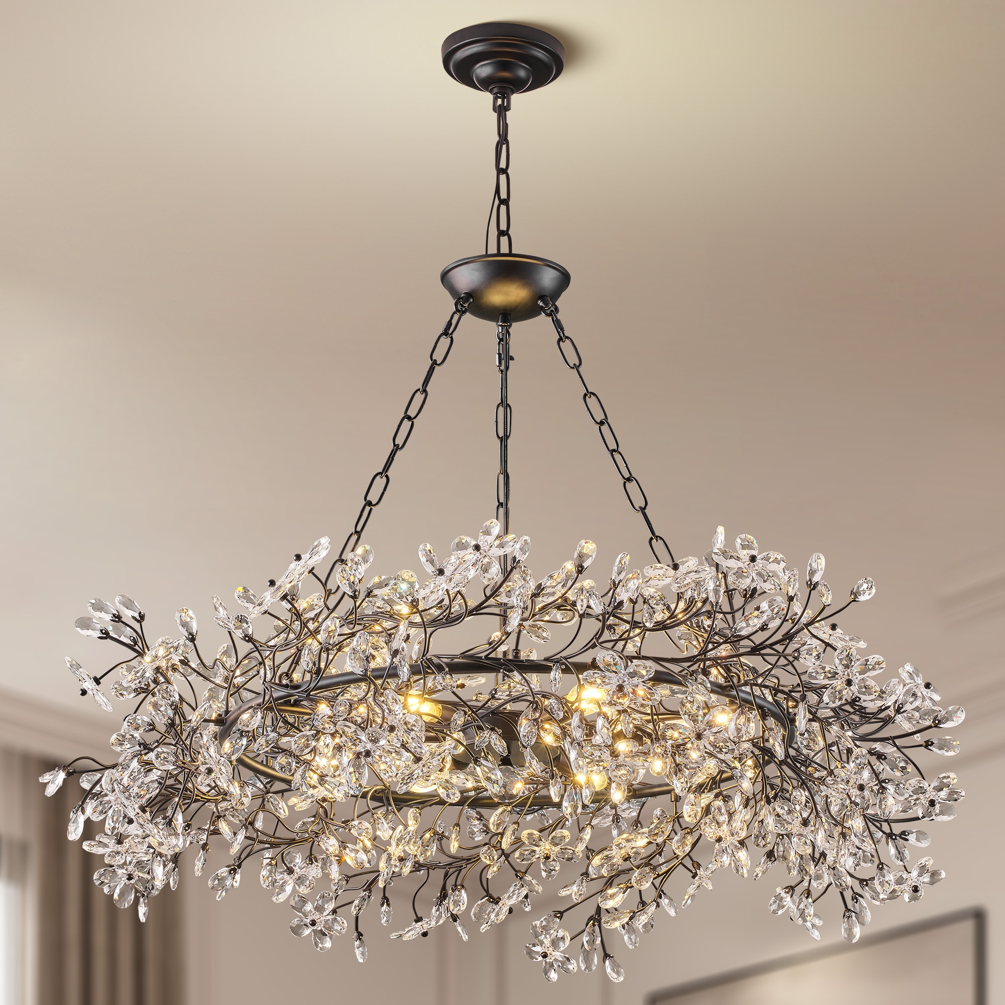Gleam Flare 40 Inch Black Crystal Chandelier 6 Lights Tree Branch Chandelier Modern Luxury Round K9 Crystal Raindrop Pendant Light Fixture for Dining Room Living Room Foyer Entryway Bedroom Kitchen
