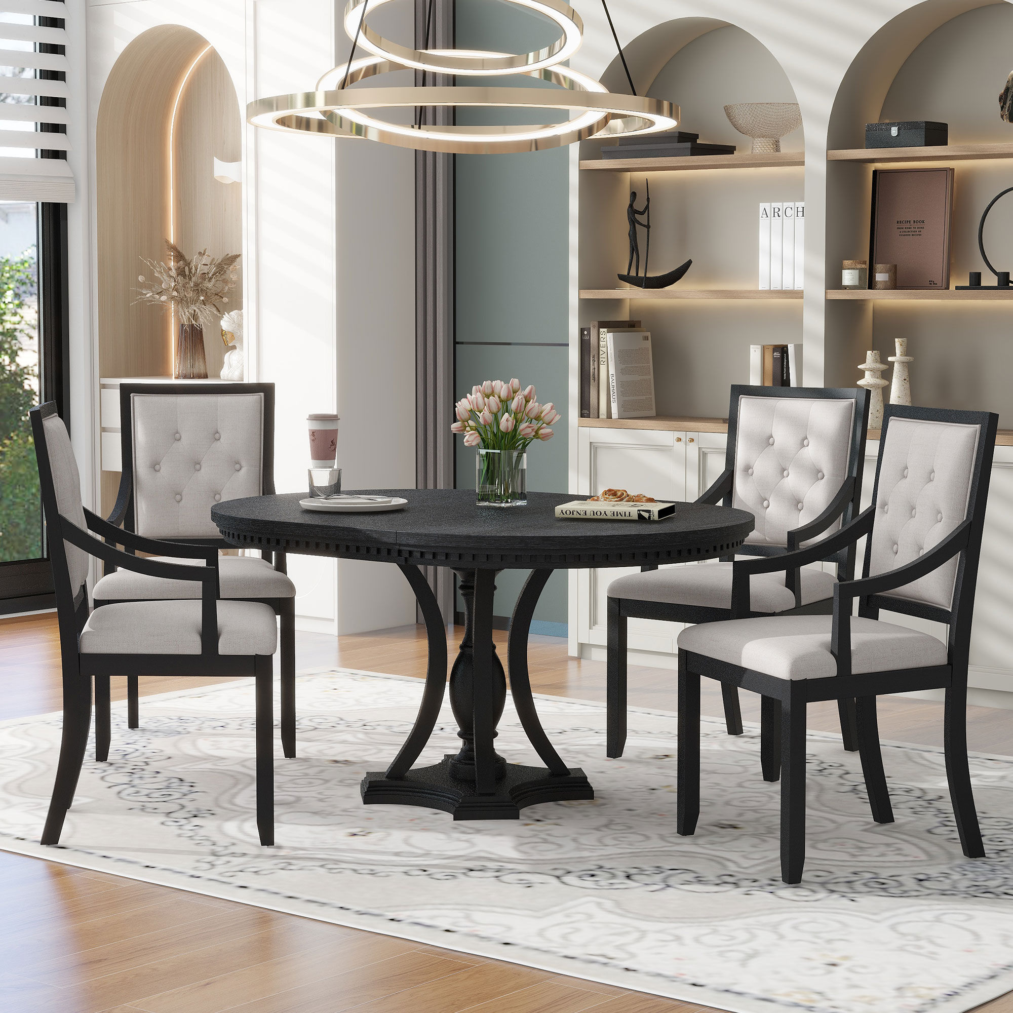 ModernLuxe ST000100AAB Retro 5piece Dining Set Extendable Round Table and 4 Chairs for Kitchen Dining Room BLACK OAK