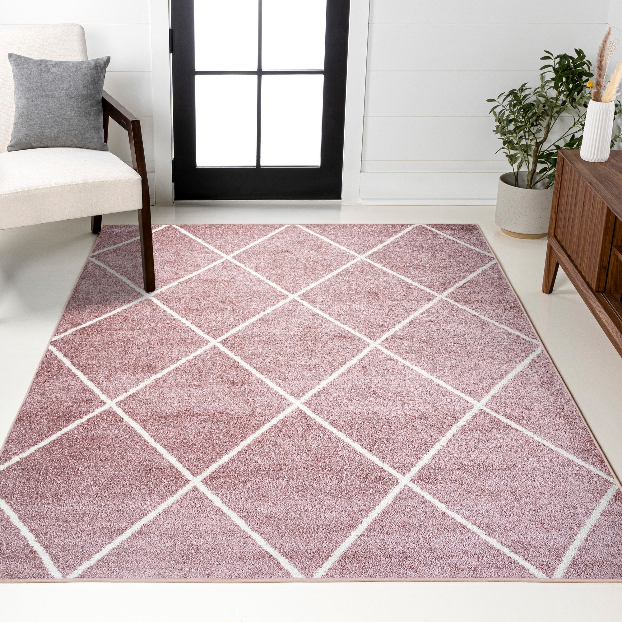 JONATHAN  Y SEU102B-4 SUPERSOFT Cole Minimalist Diamond Trellis 4 x 6 (ft) Loomed Rose/White Rectangular Indoor Geometric Mid-Century Modern Pet Friendly Area rug