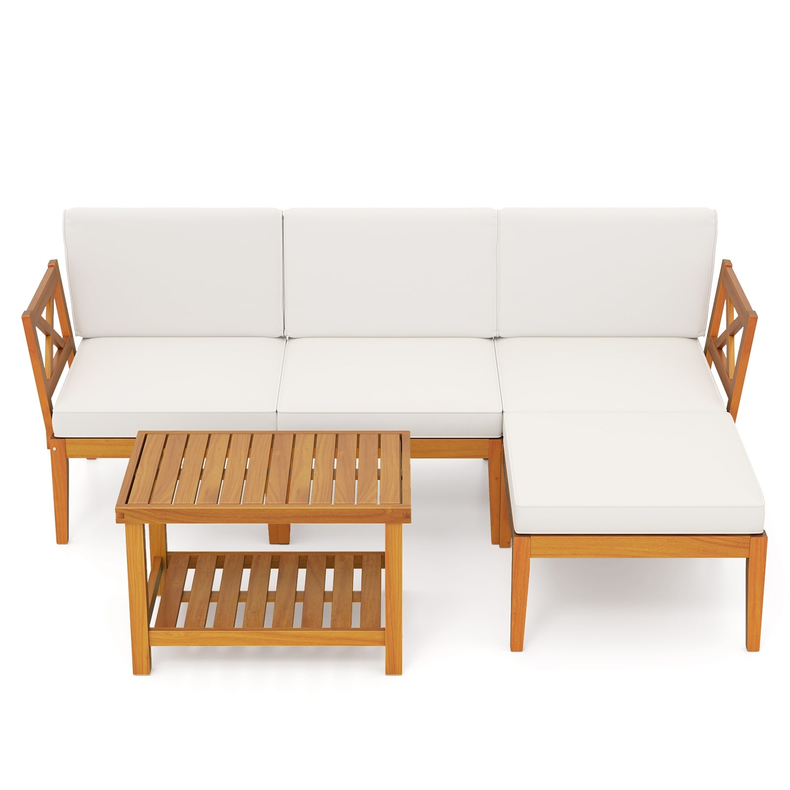 Volenca 5-Piece Acacia Wood Patio Sectional Set with Ottoman and White Cushions #VOL-W1N6KV