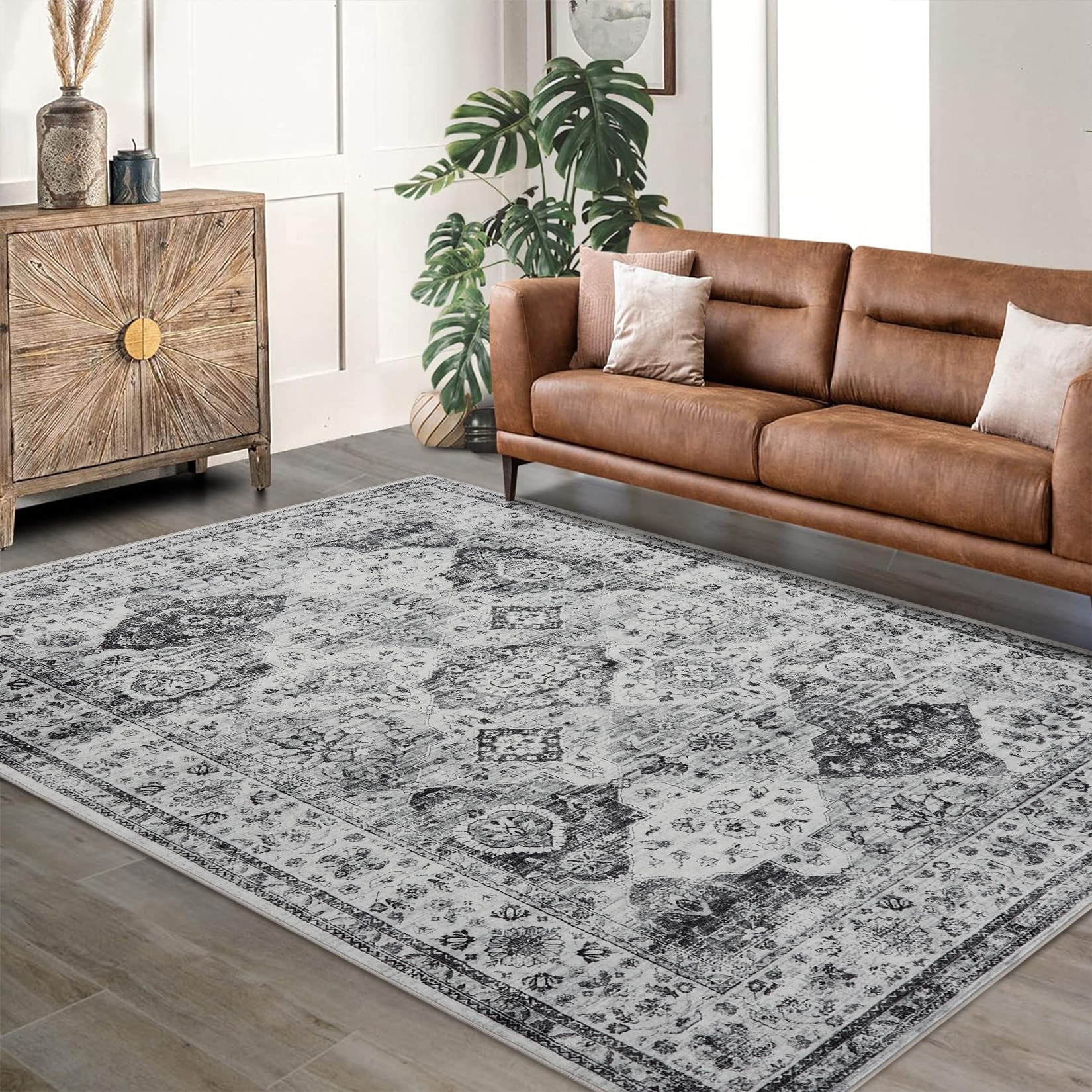 Large Area Rug 9x12 Rug for Living Room Non Slip Machine Washable Vintage Distressed Rug Low Pile Traditional Floral Print Carpet Foldable Soft Rug for Bedroom Dining Room Gray