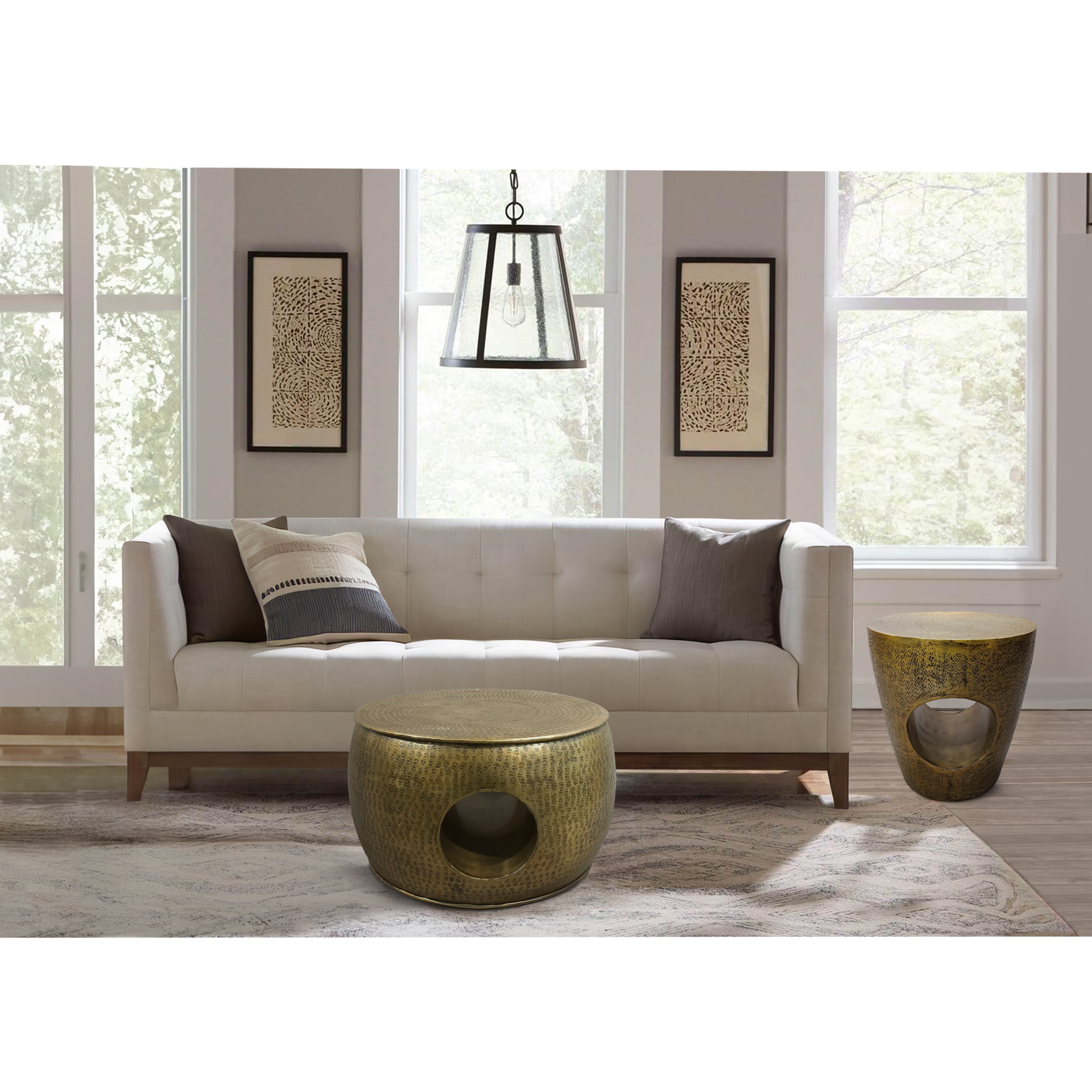 Antique Brass Round Metal Lift-Top Coffee Table with Hollow Center