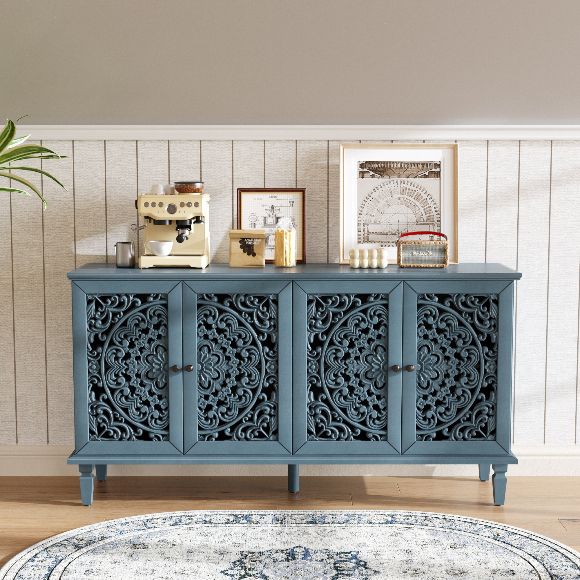 JPJPUU 60-Inch Antique Buffet Cabinet with Floral Carvings with ...