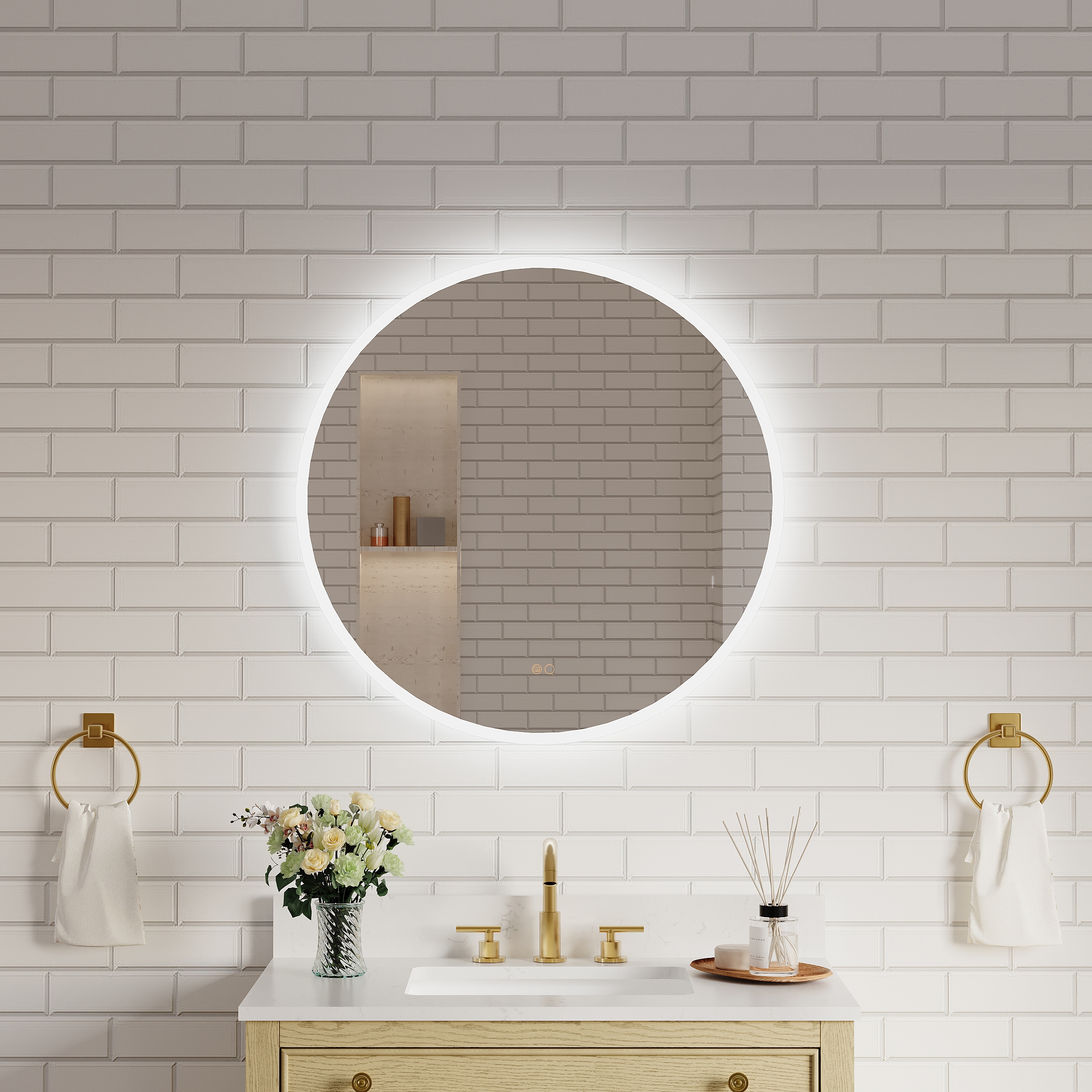 WELLFOR UCS-10FL3232 32-in x 32-in Polished Frameless Round Dimmable LED Lighted Fog Free Bathroom Vanity Mirror ( Silver )