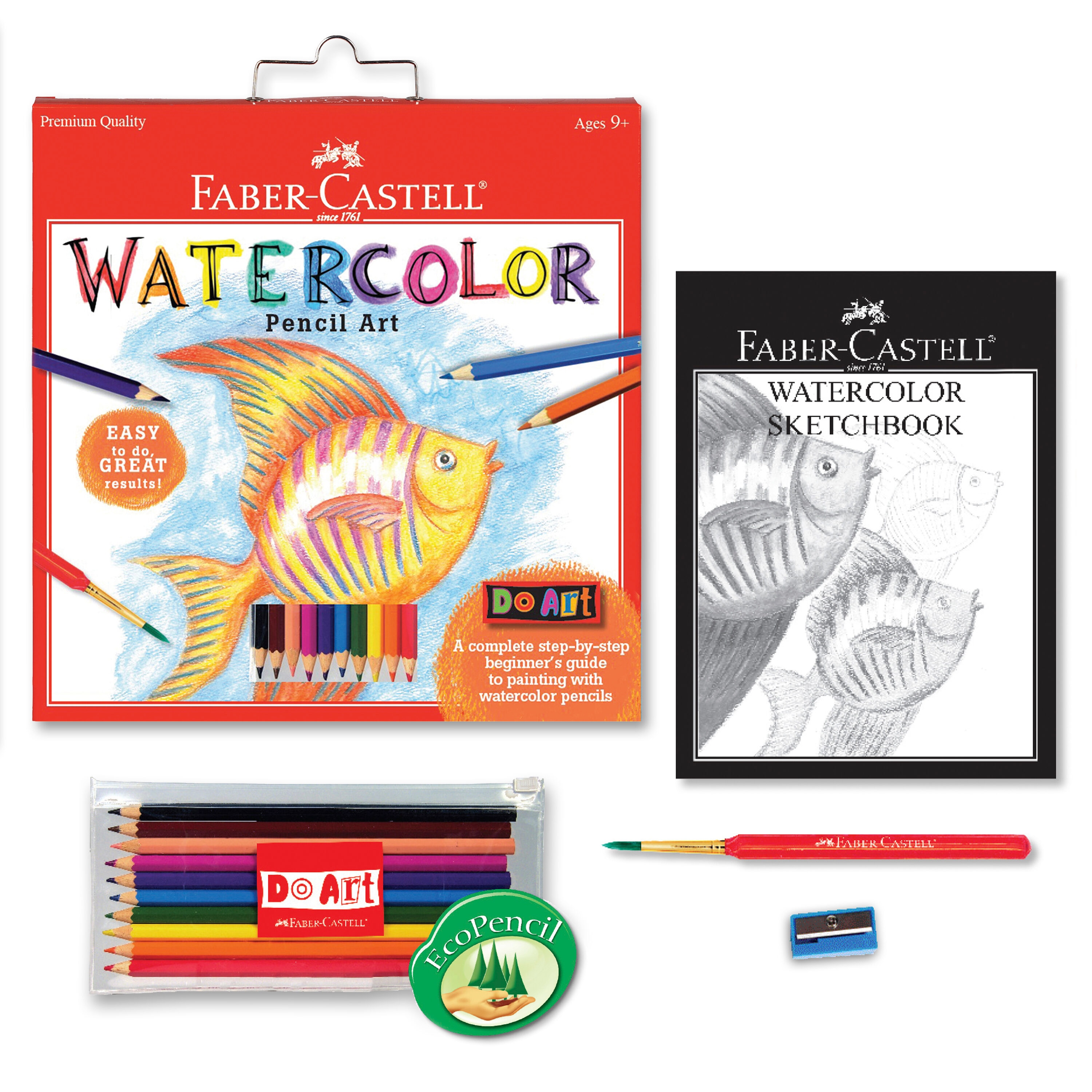 Watercolor art supplies (pallet, sketchbook, pan, craft dryer, brush,  marker). Hand drawn watercolor illustration. Stock Illustration