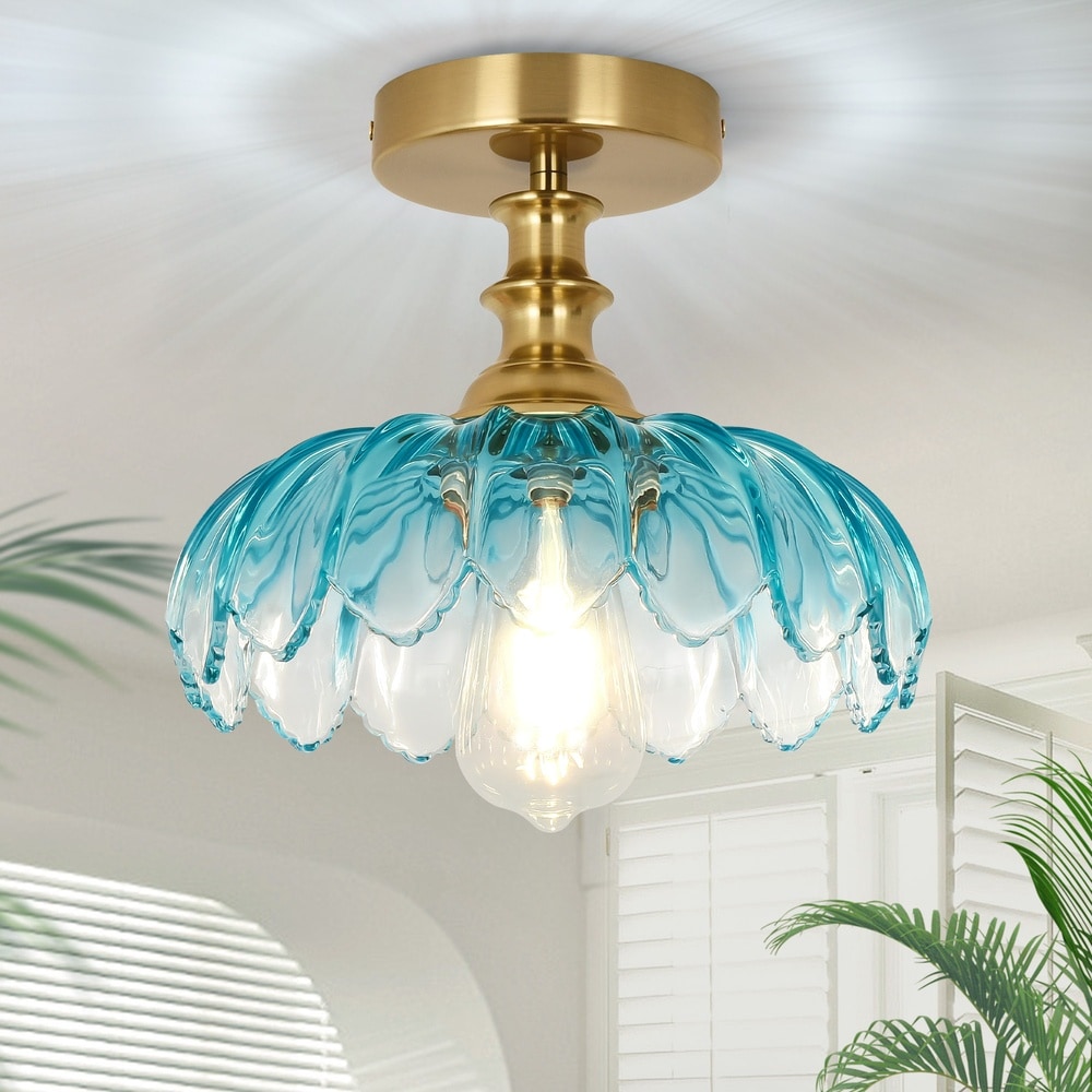Henveton Essel 10.23 in. Vintage Floral Semi-Flush Mount Ceiling Light with Gradient Blue Textured Glass Shade for Bedroom Hallway Kitchen