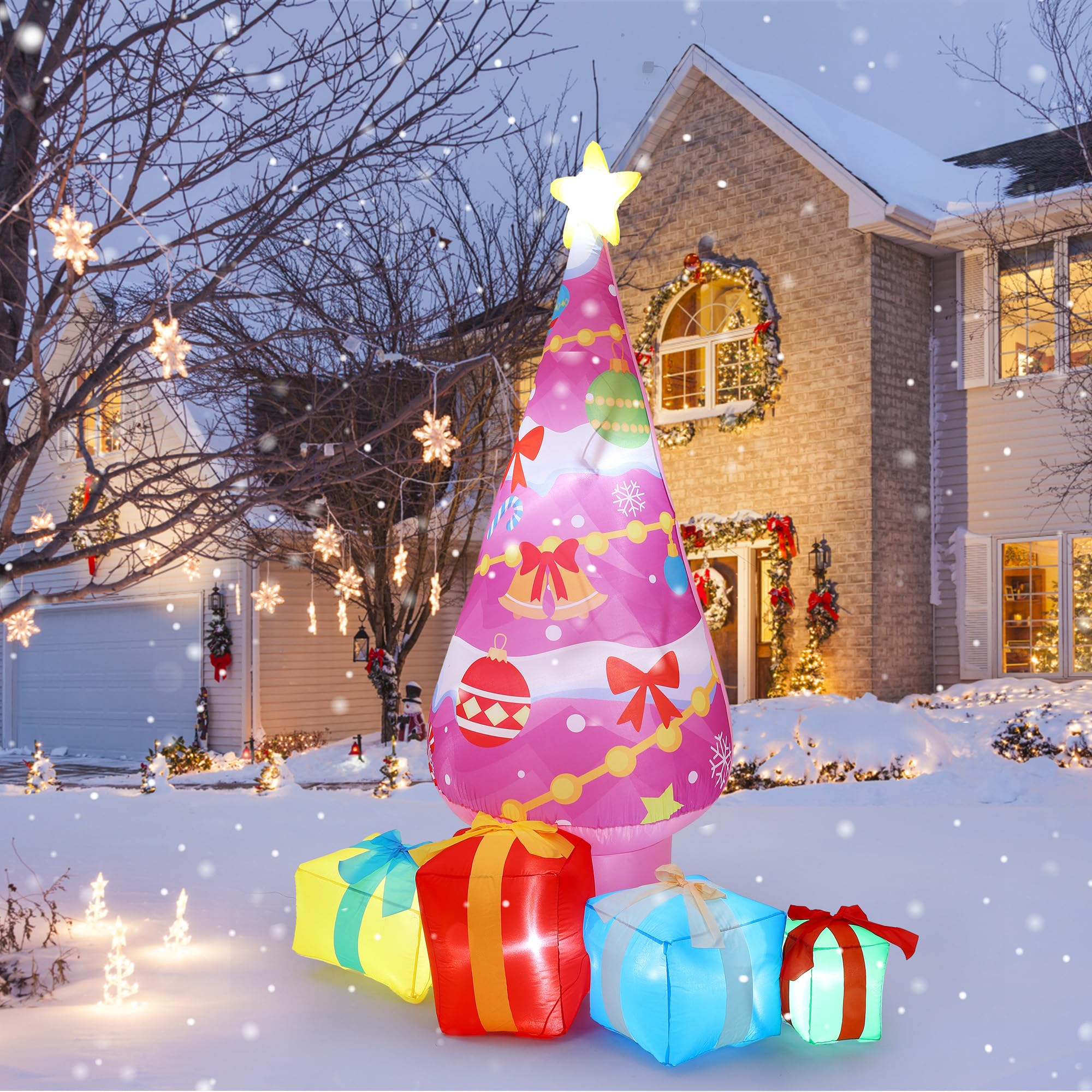 IdealHouse 7 FT Christmas Inflatables Decorations Outdoor Blow Up Pink Christmas Tree Yard Decor with LED Lights 4 Gift Boxes Giant Xmas Inflatable for Outside Lawn Garden Holiday Party