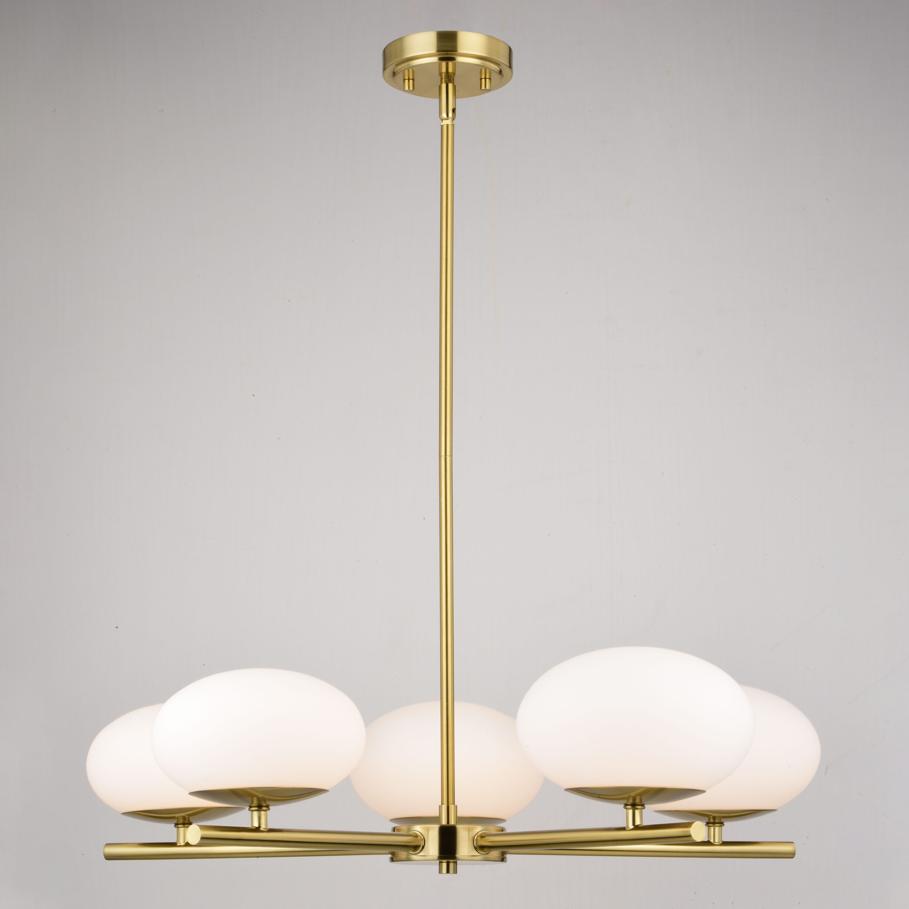 Sloane Satin Brass Mid-Century Modern Chandelier with White Glass Globes