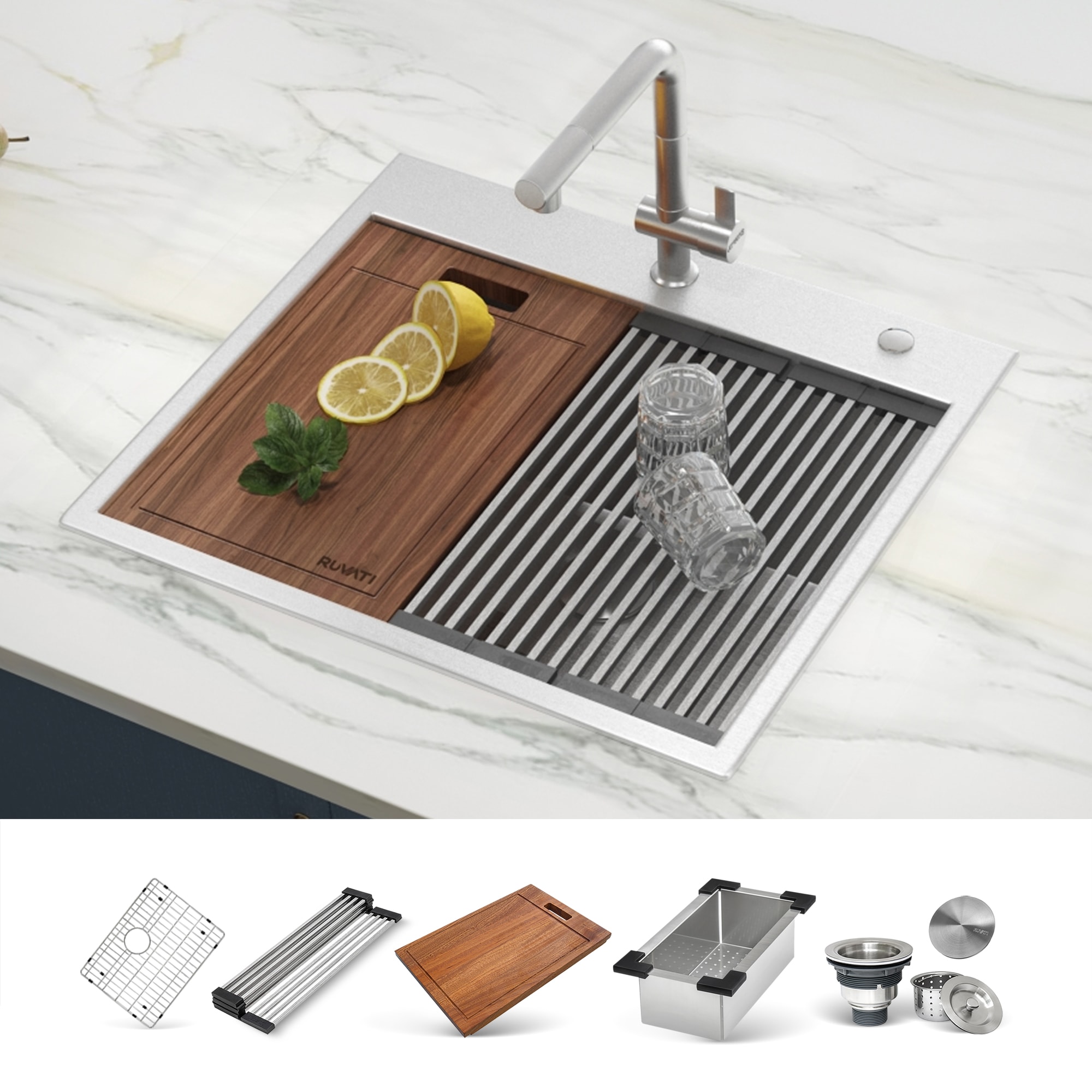 Ruvati RVH8023 Siena Drop-in 25-in x 22-in Stainless steel Single bowl 1-Hole 16 -Gauge Workstation Kitchen Sink