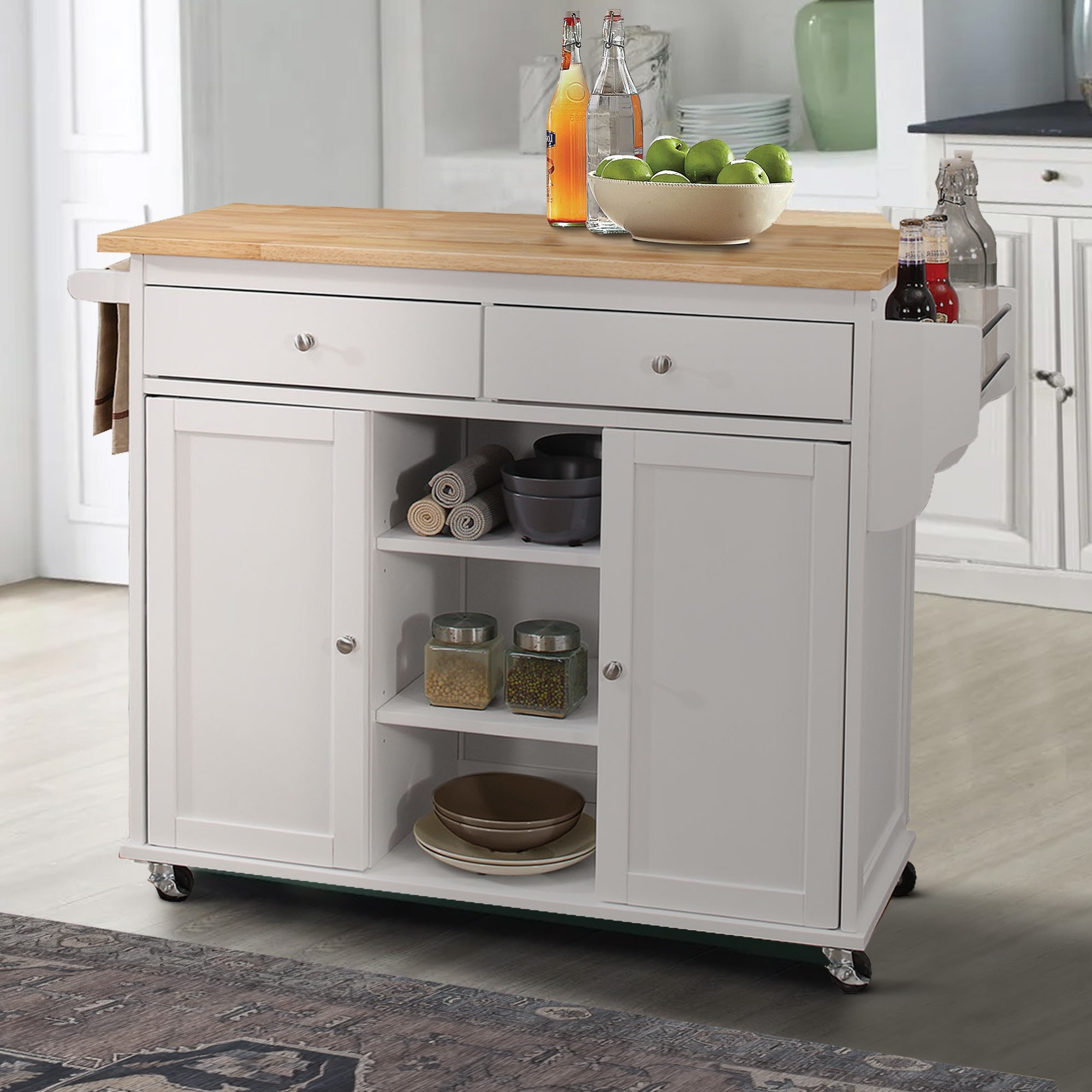 Benzara White Mdf Base with Mdf Wood Top Kitchen Cart (18-in x 47-in x 34-in)