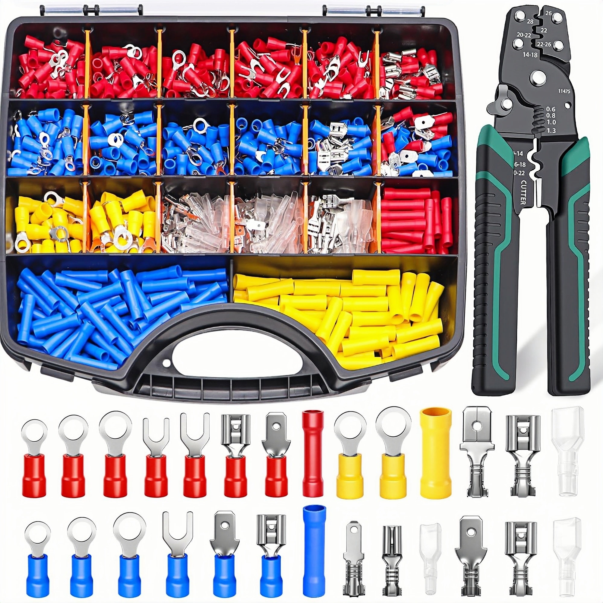 Numhew 1100pcs 27-Types Insulated PVC Tin Electrical Wire Connectors Kit with Crimp Tool