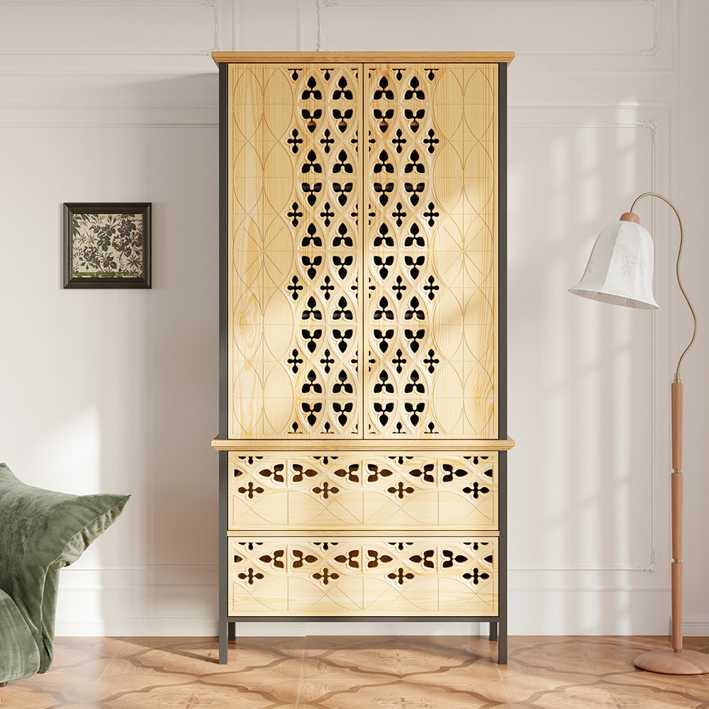 Homsee V-KF390121-01 Tall Natural Wood Cabinet with Carved Mesh Doors and Raised Metal Legs Freestanding Storage Unit with 2 Drawers and Open Shelves