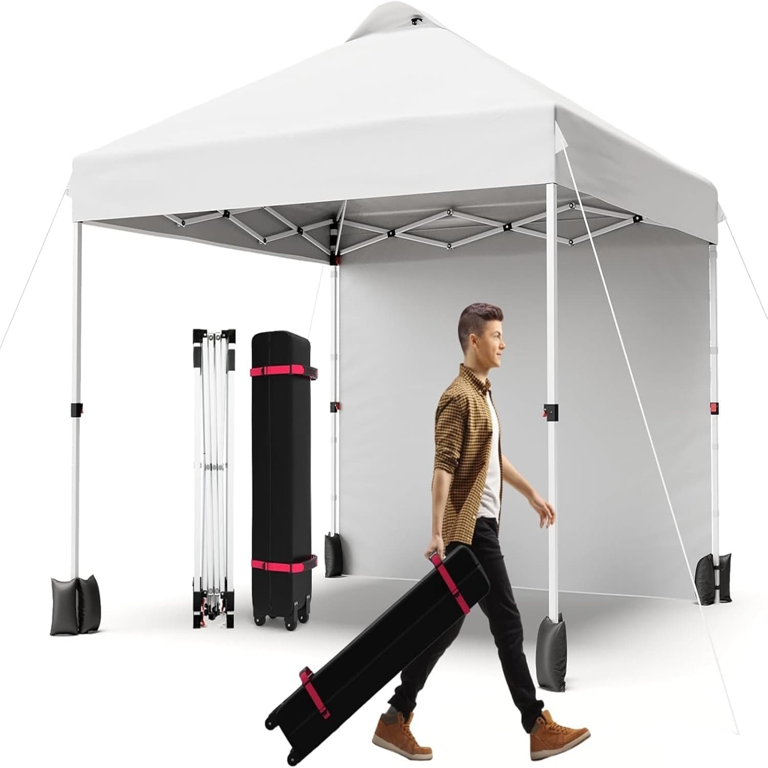 Qeetex LSHQQPOU-0A3D8G3M 10x10 Pop-Up Awning Tent with 1 Removable Side Wall Wheeled Bag and 4 Weight Pockets White