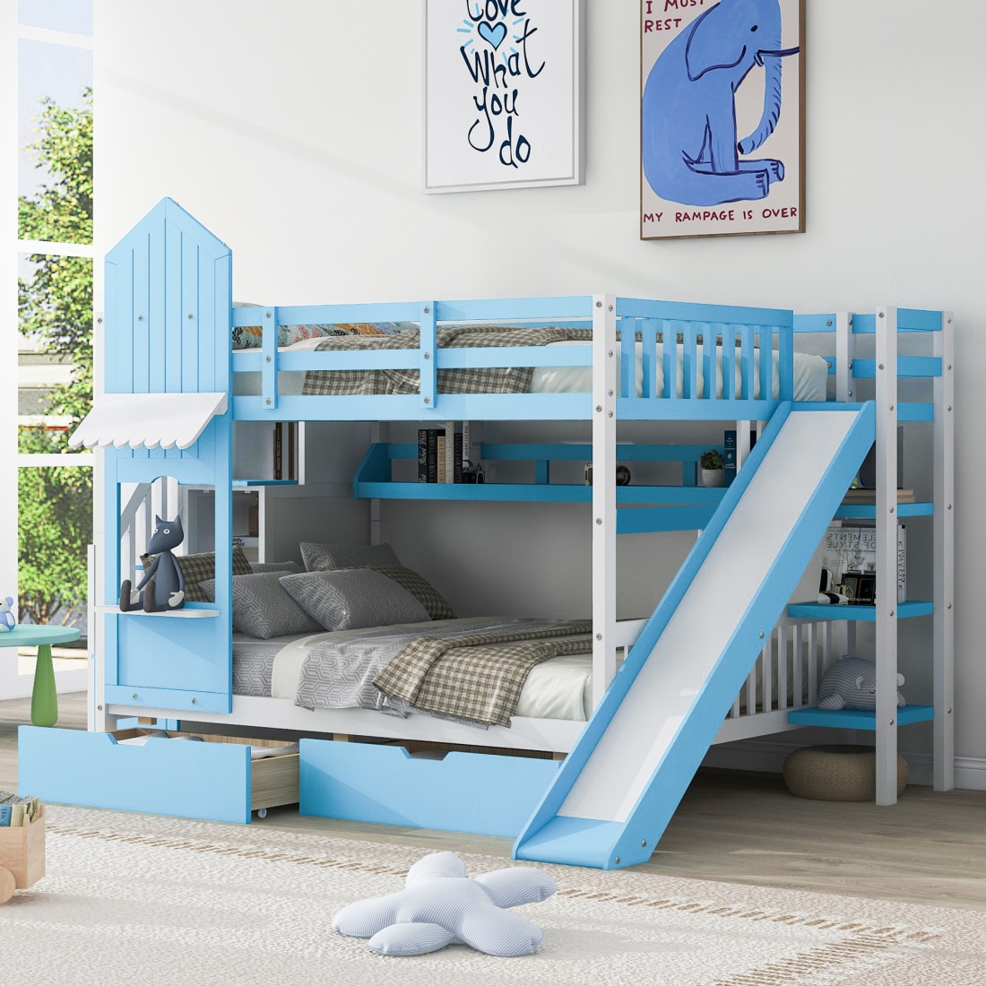 CHITA Full- Over- Full Castle Style Bunk Bed with 2 Drawers 3 Shelves and Slide- Blue Sturdy construction Unique design