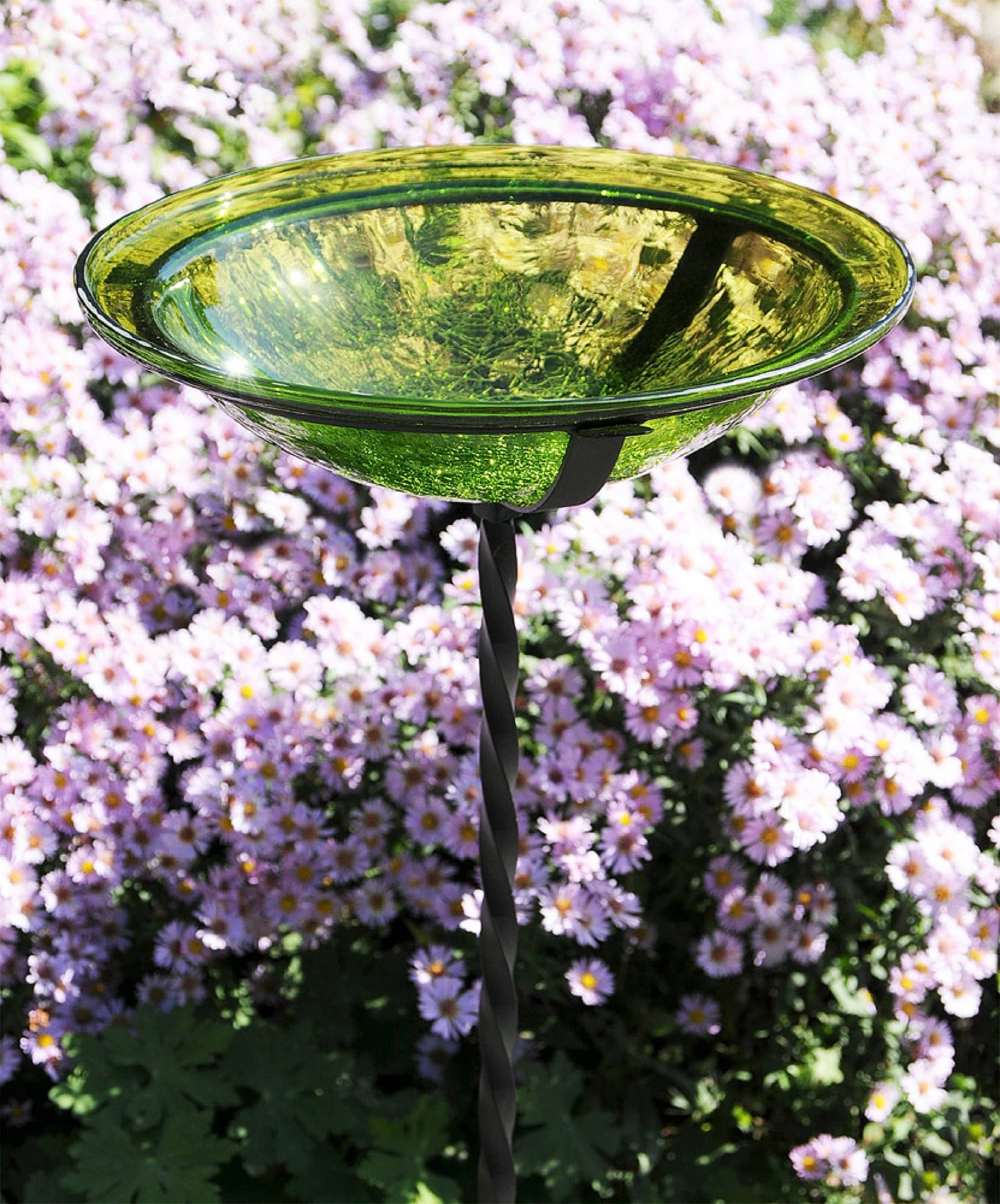 Fern Green Hand-Blown Crackle Glass Birdbath with Iron Stake
