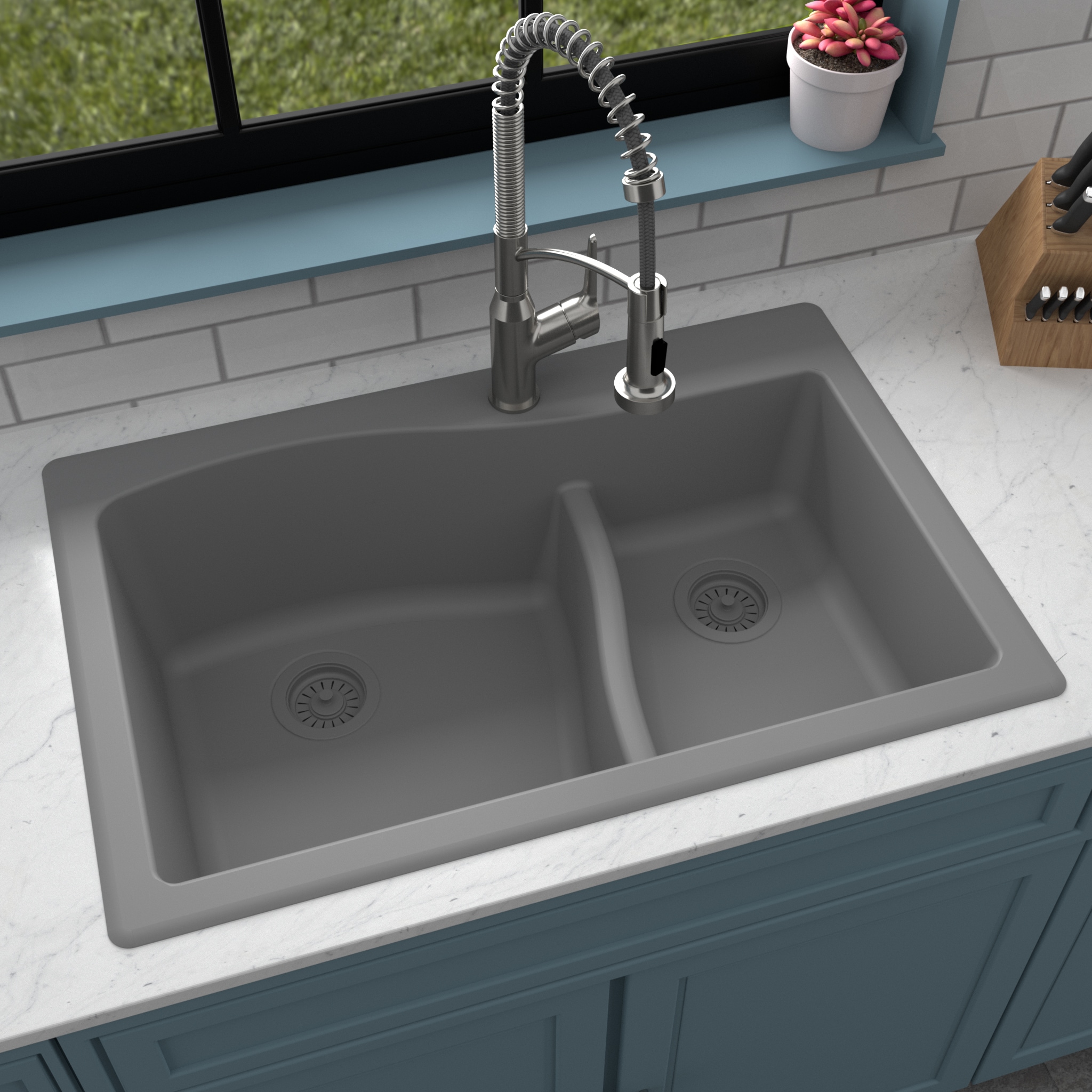 Karran QT-630-GR Drop-in 33.0-in x 22.0-in Quartz Double offset bowl 1-Hole Kitchen Sink
