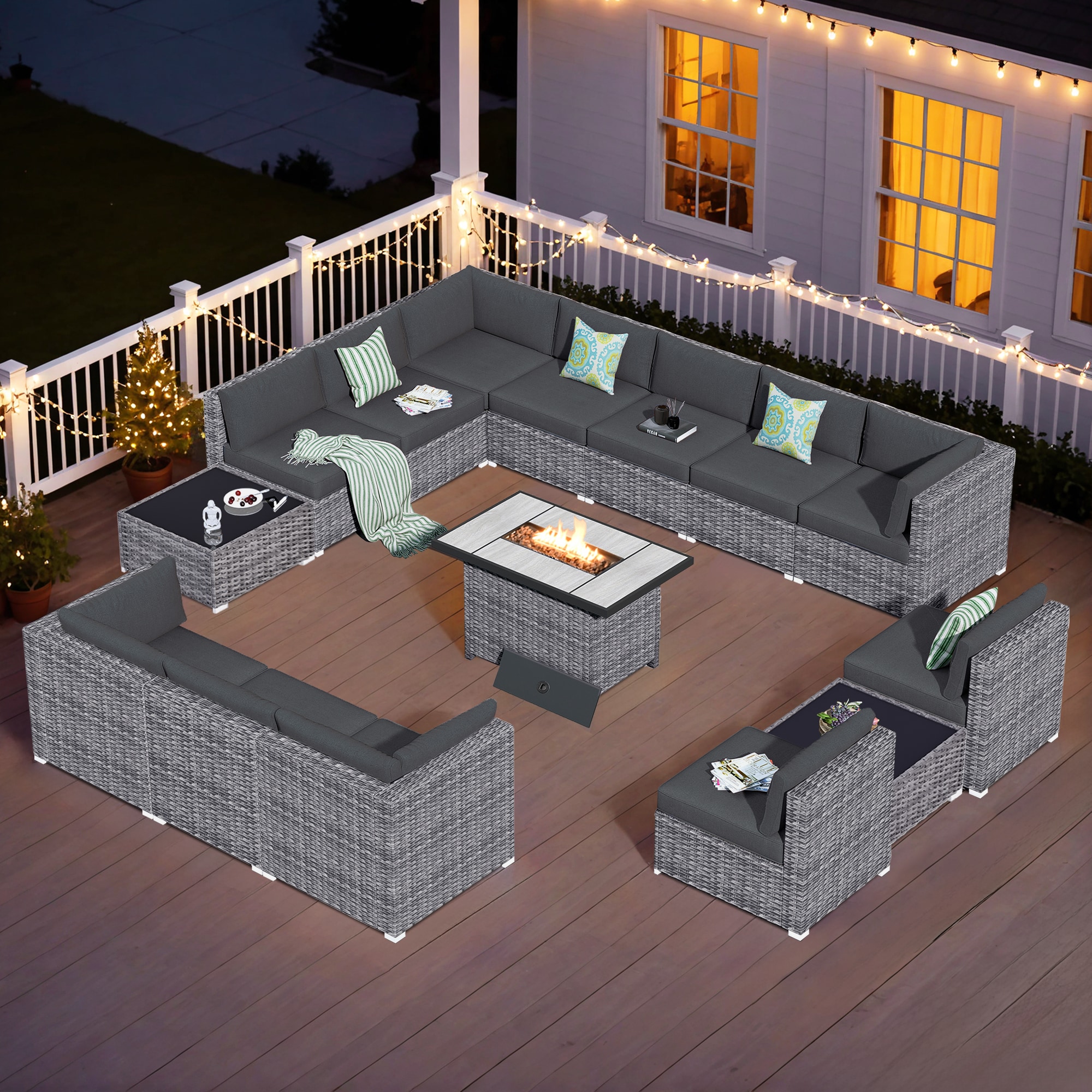 Pouuin SRFPHOP1014 15 -Piece Wicker 2 Patio Sofa Conversation Set with Black Cushions