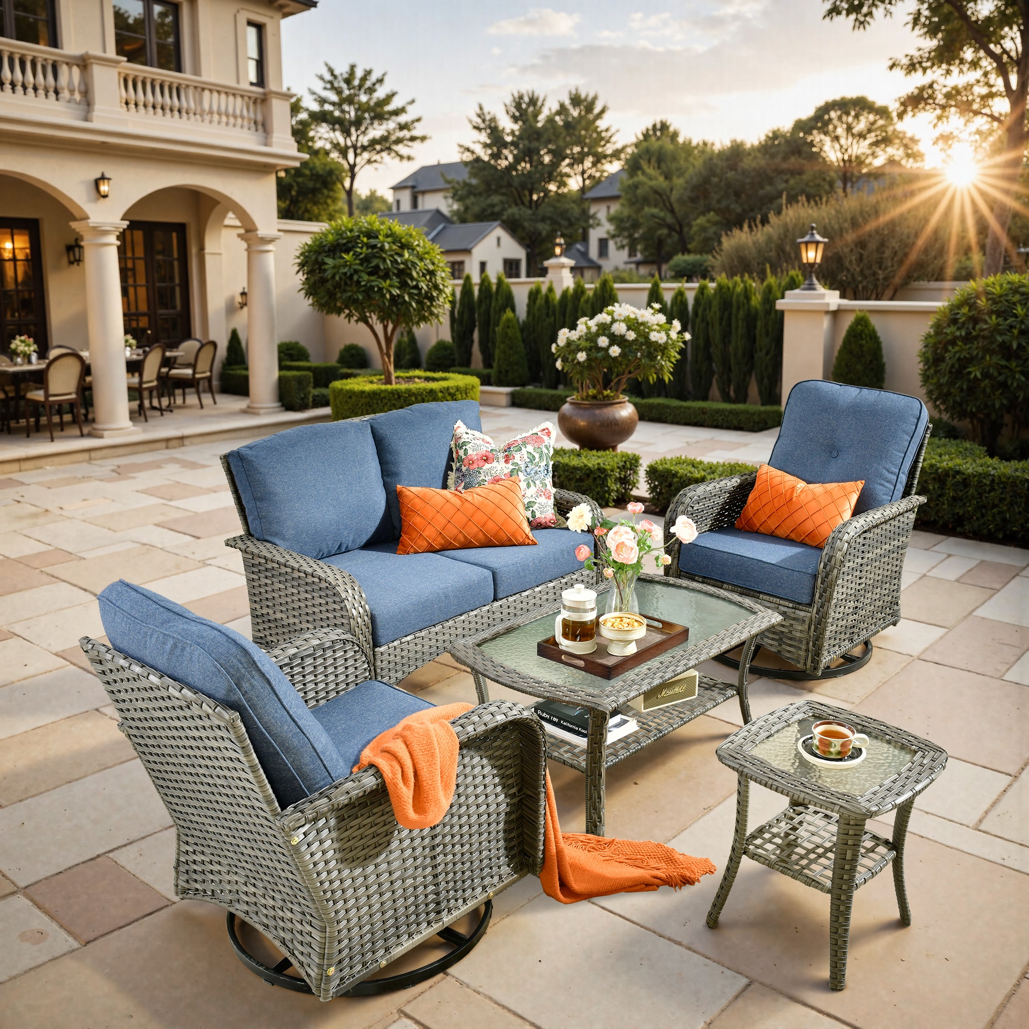 weaxty HMBYZGNCGNDS300S51 Initial 5 -Piece Wicker Patio Conversation Set with Blue Cushions