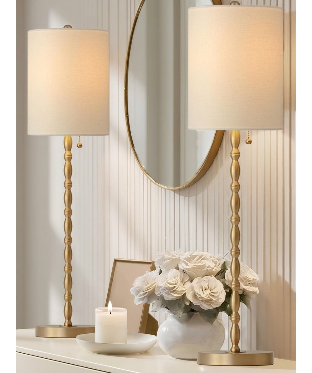 Lukvuzo  Set of 2 Buffet Lamps 28.5 Inch Tall Brass Finish UL Certified Pull Chain Linen Shade Urban Style for Entryway Hallway Console Table