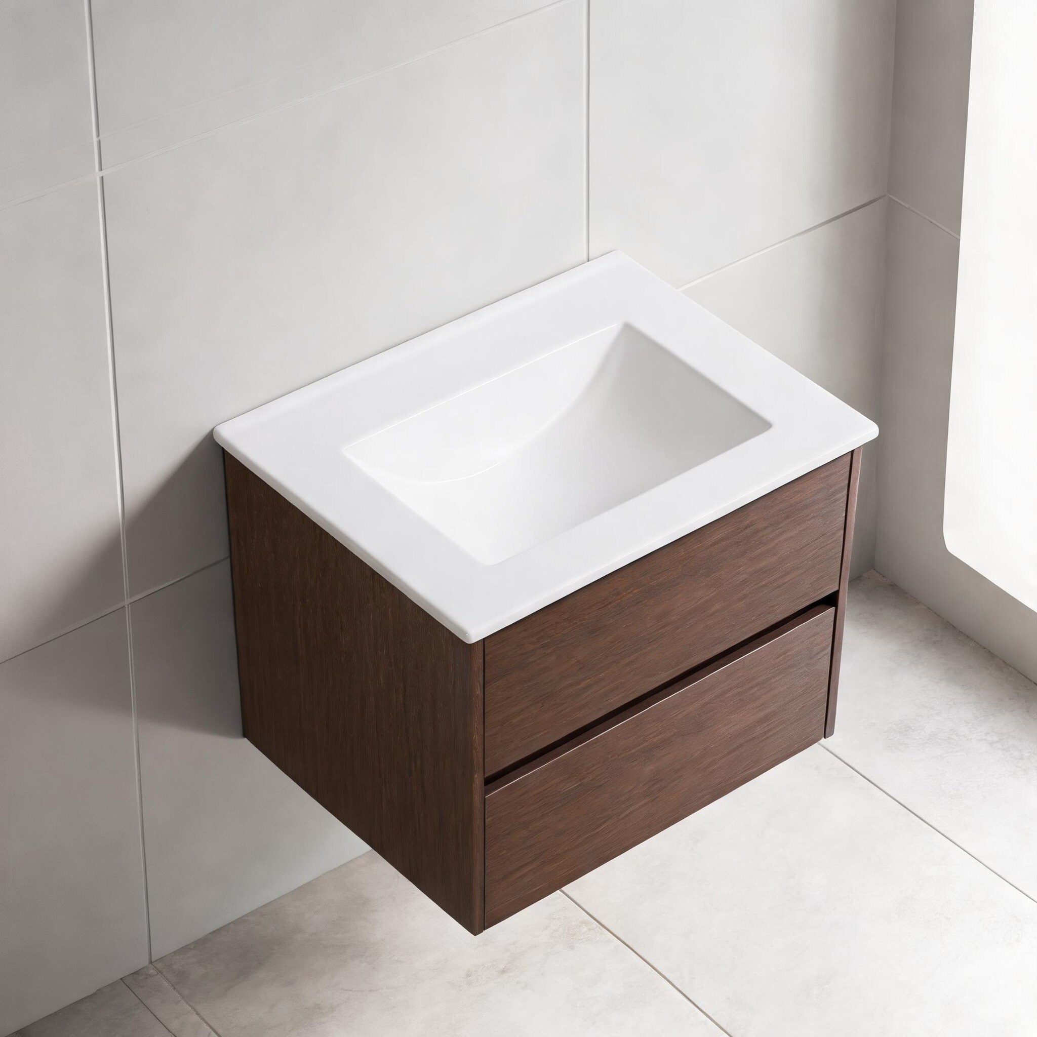 Watnature 24 Inch Wall-Mounted Floating Bathroom Vanity Black-Toned Plywood Storage Cabinet With Ceramic Sink