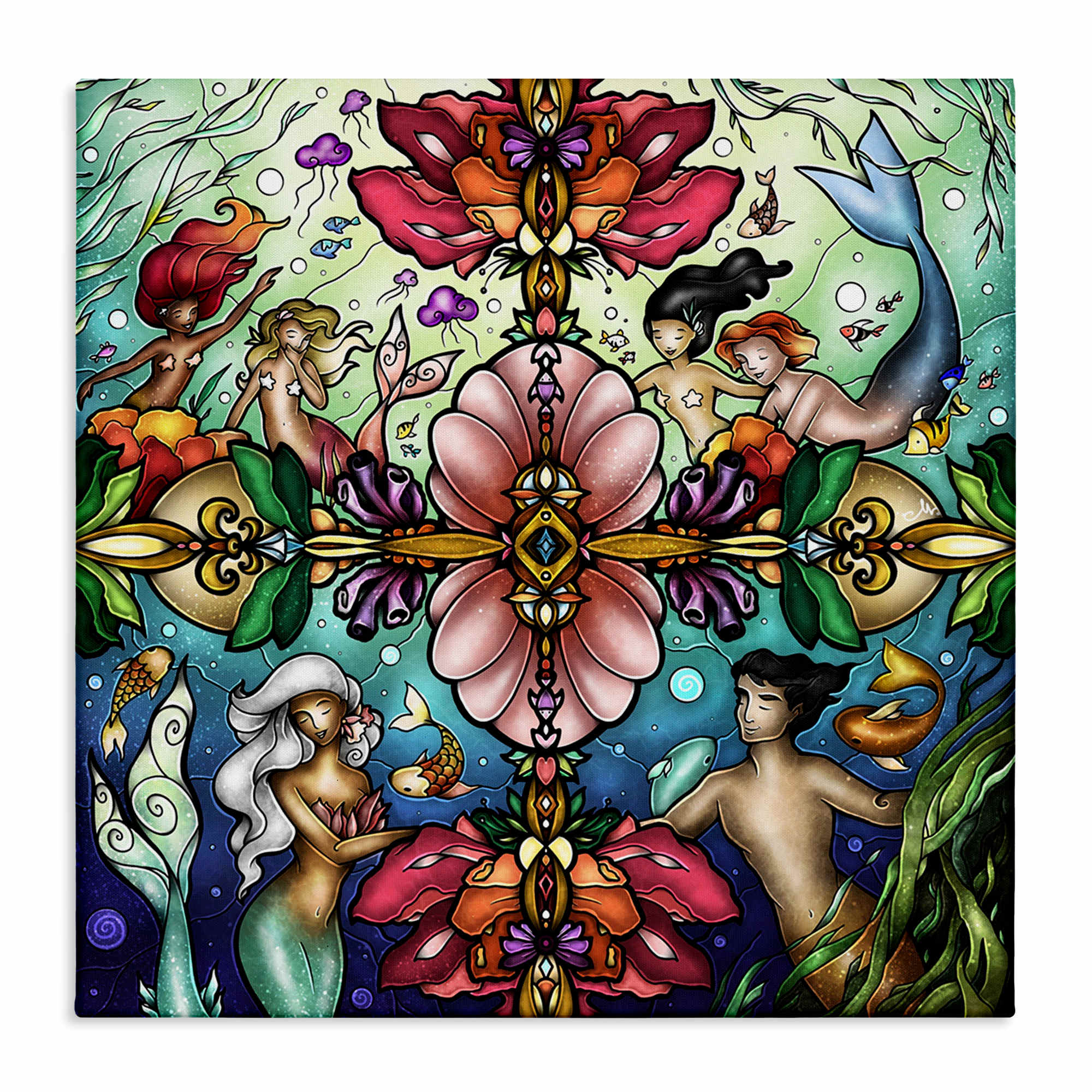 Stupell Industries BS-984-CN-17X17 Detailed Stain Glass Style Mermaids Canvas Wall Art By Mandie Manzano 17 x 17