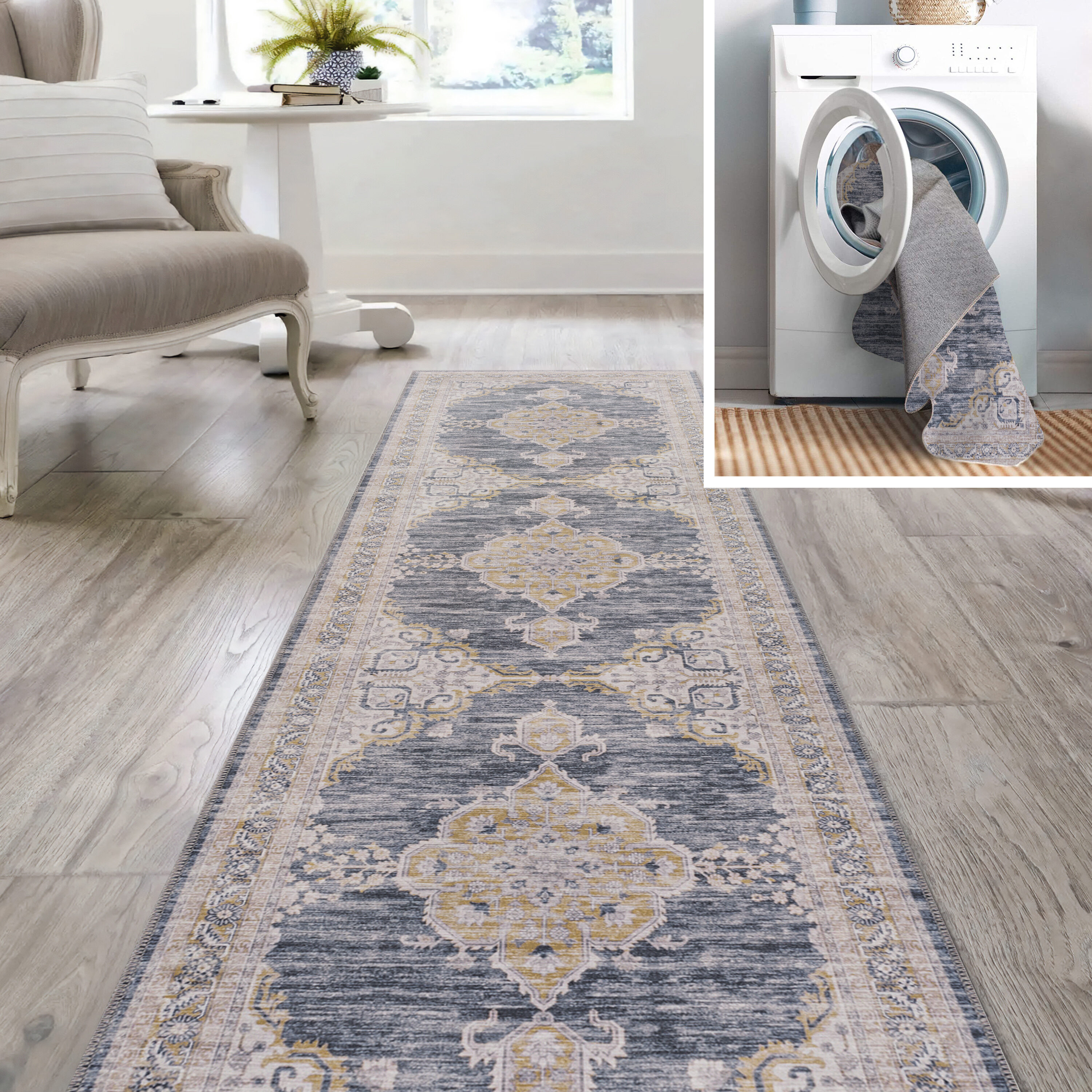 JONATHAN  Y WSH202C-28 WASHABLE Wincer Chenille Medallion 2 x 8 (ft) Loomed Chenille Dark Gray/Yellow Rectangular Indoor Medallion Bohemian/Eclectic Machine washable Runner rug
