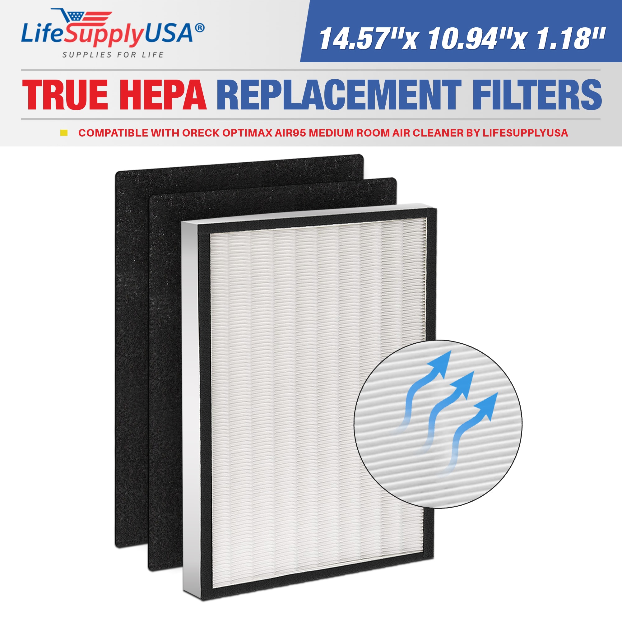 LifeSupplyUSA ER349-HD 10.94-Inches W x 1.18-Inches H x 14.57-Inches L Oreck OptiMax AIR95 Medium Room True HEPA Air Purifier Filter