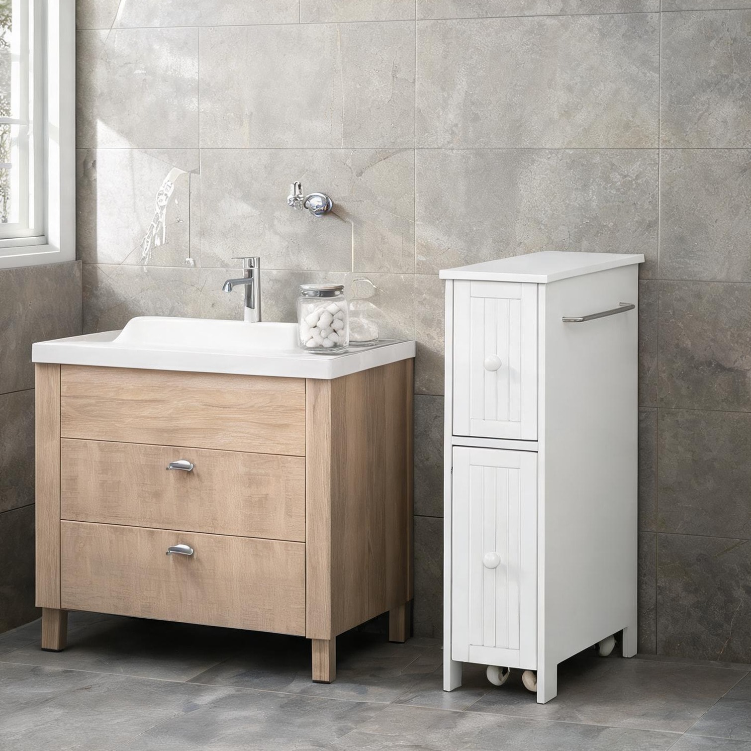 SunJet Slim Freestanding Storage Cabinet with Wheels and Two Drawers in Clean White MDF 24.75 Inches