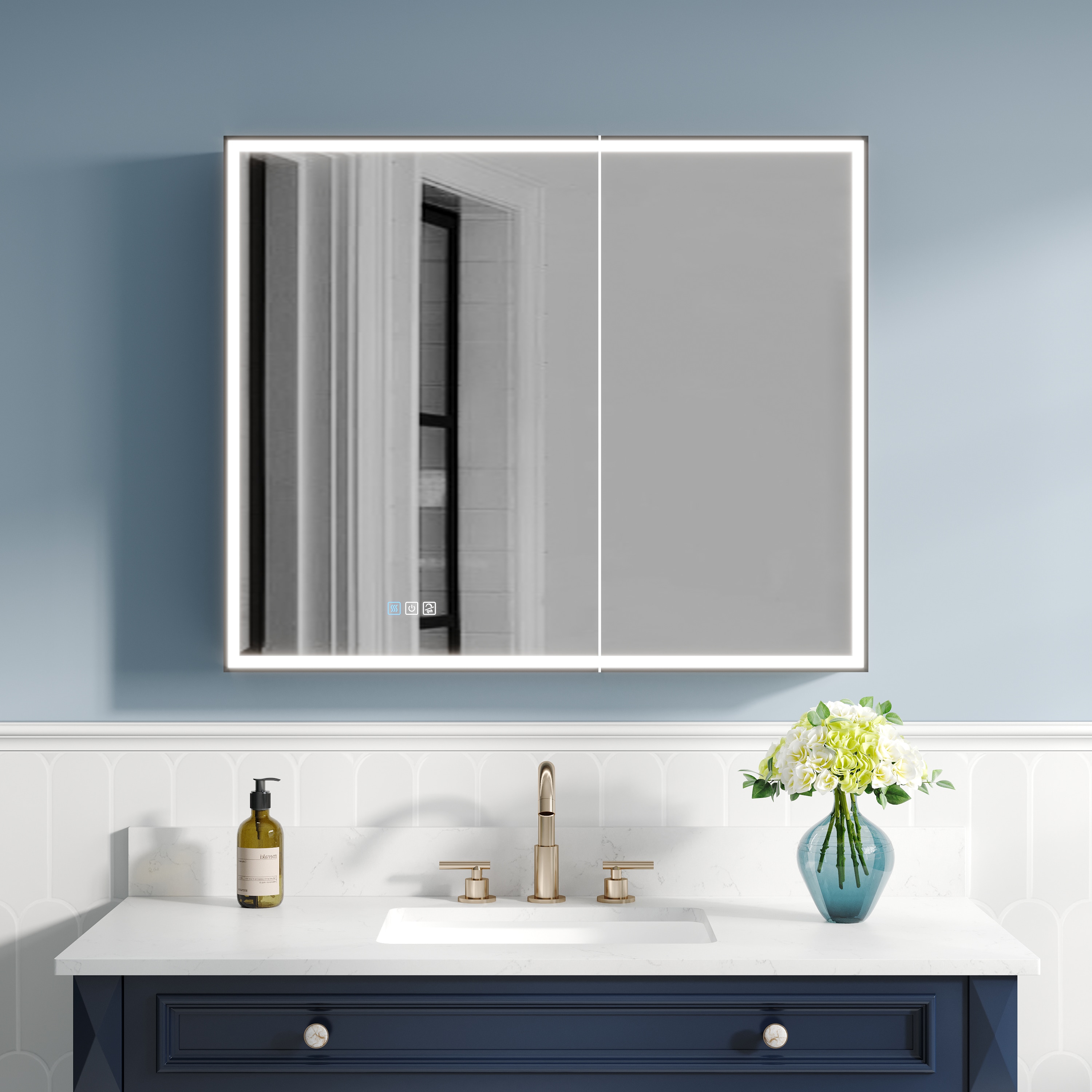 Ayelon Cabinet 36-in x 30-in Lighted LED Fog Free Surface/Recessed Mount Black Mirrored Rectangle Soft Close Medicine Cabinet with Outlet