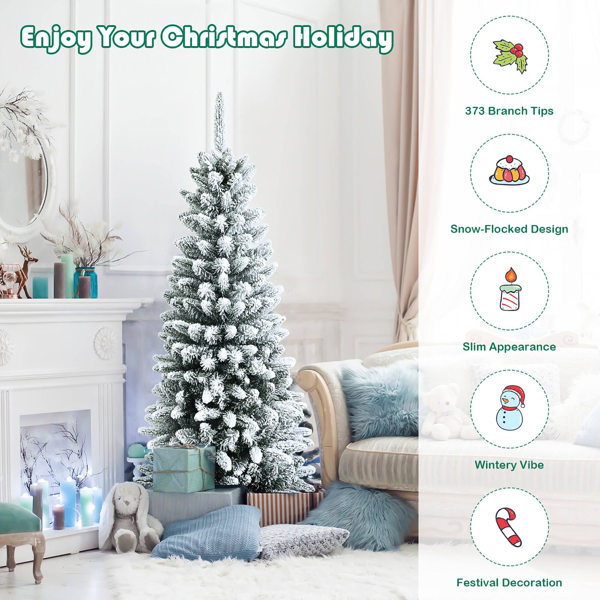 Snow-Flocked 4.5 Ft White PVC and PE Christmas Pencil Tree