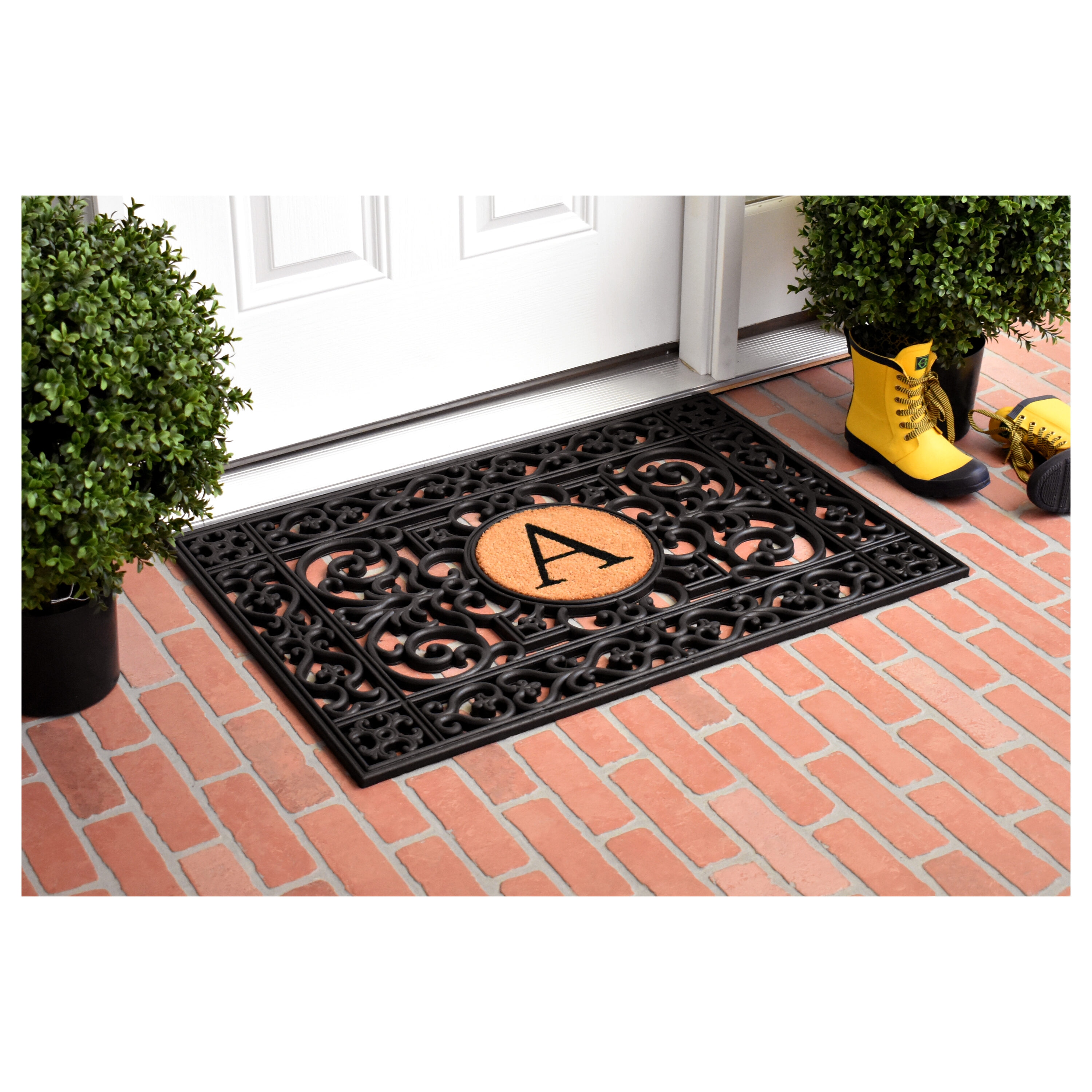 Black Rubber and Coir Monogrammed Rectangular Entrance Rug