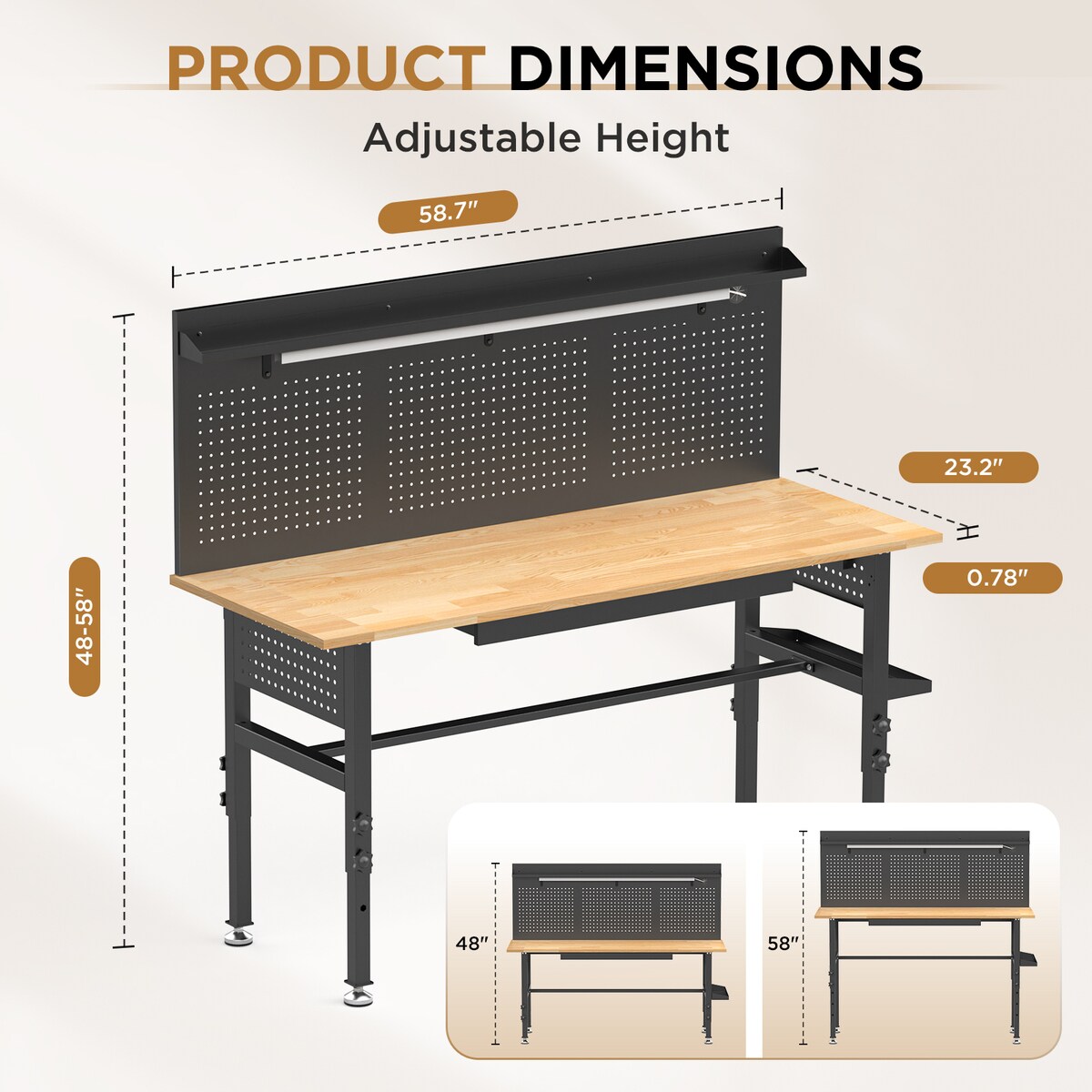 Loheer 60-in Heavy Duty Adjustable Height Wood Top Garage Workbench with Drawers Sansujyuku sansujyuku.com