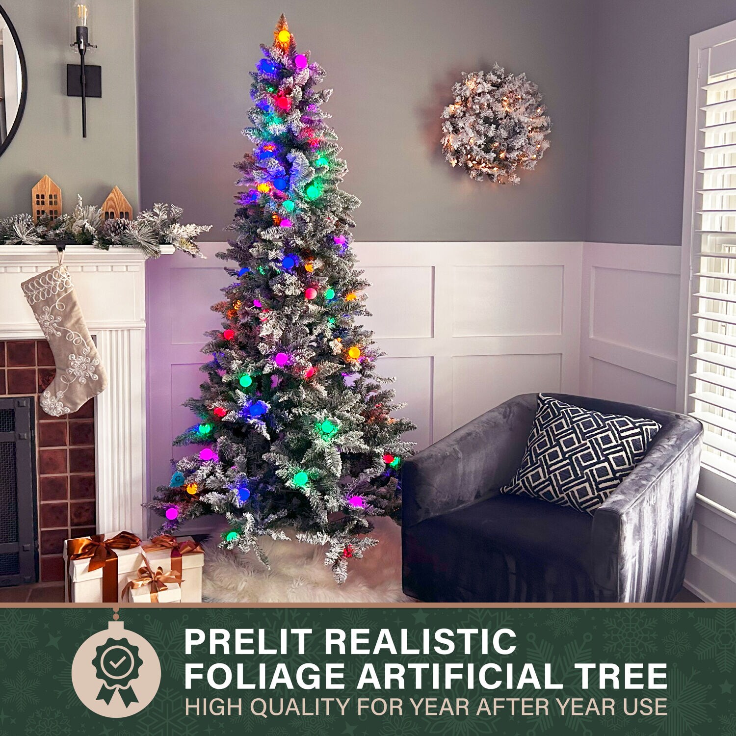 7.5-Ft Slim White Tail Pine Artificial Christmas Tree with Multicolor LED Lights