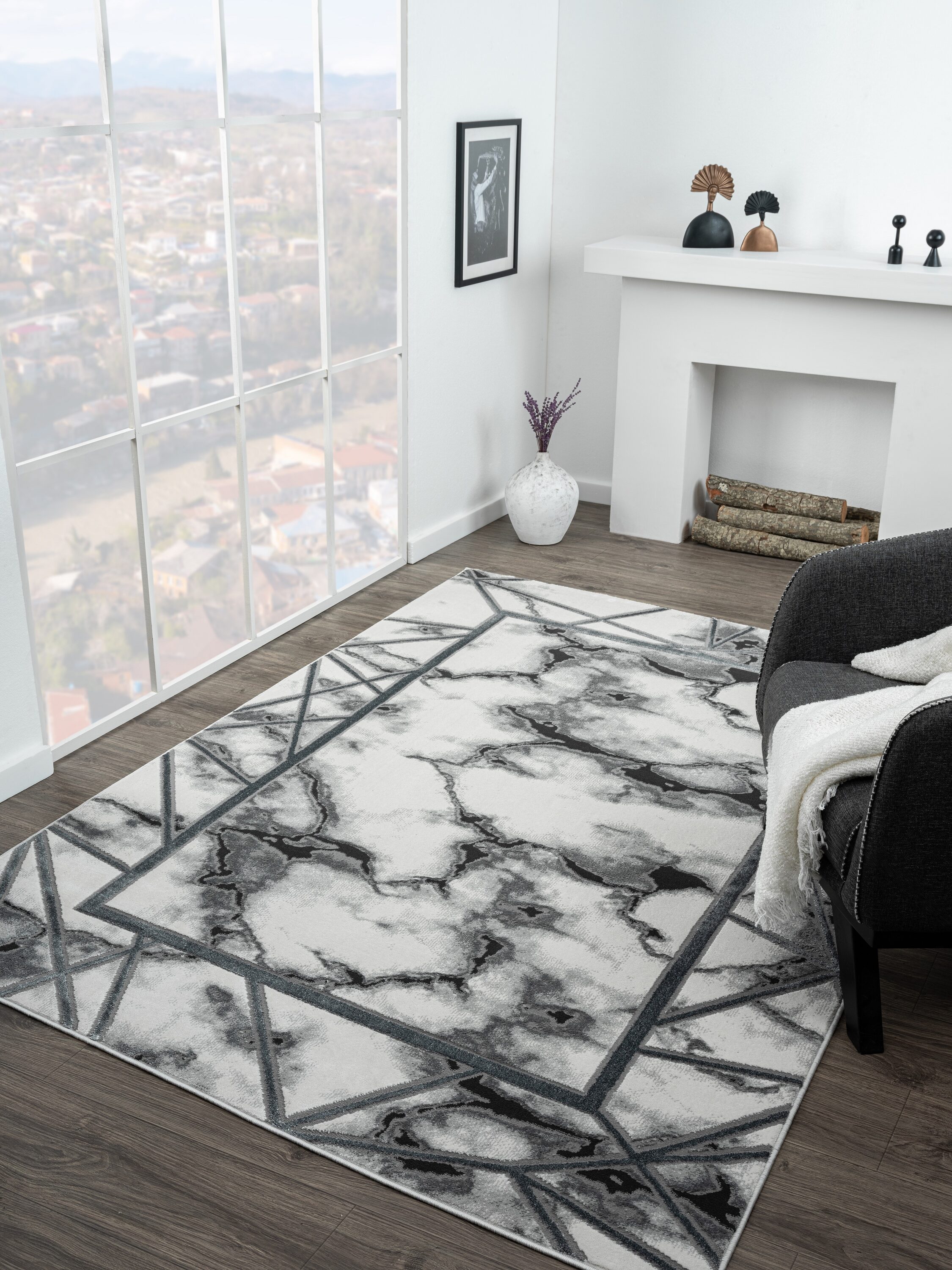 MDA Rugs RY0258 Riley 5 x 7 (ft) Loomed Polyester White/Gray Rectangular Indoor Abstract Area rug