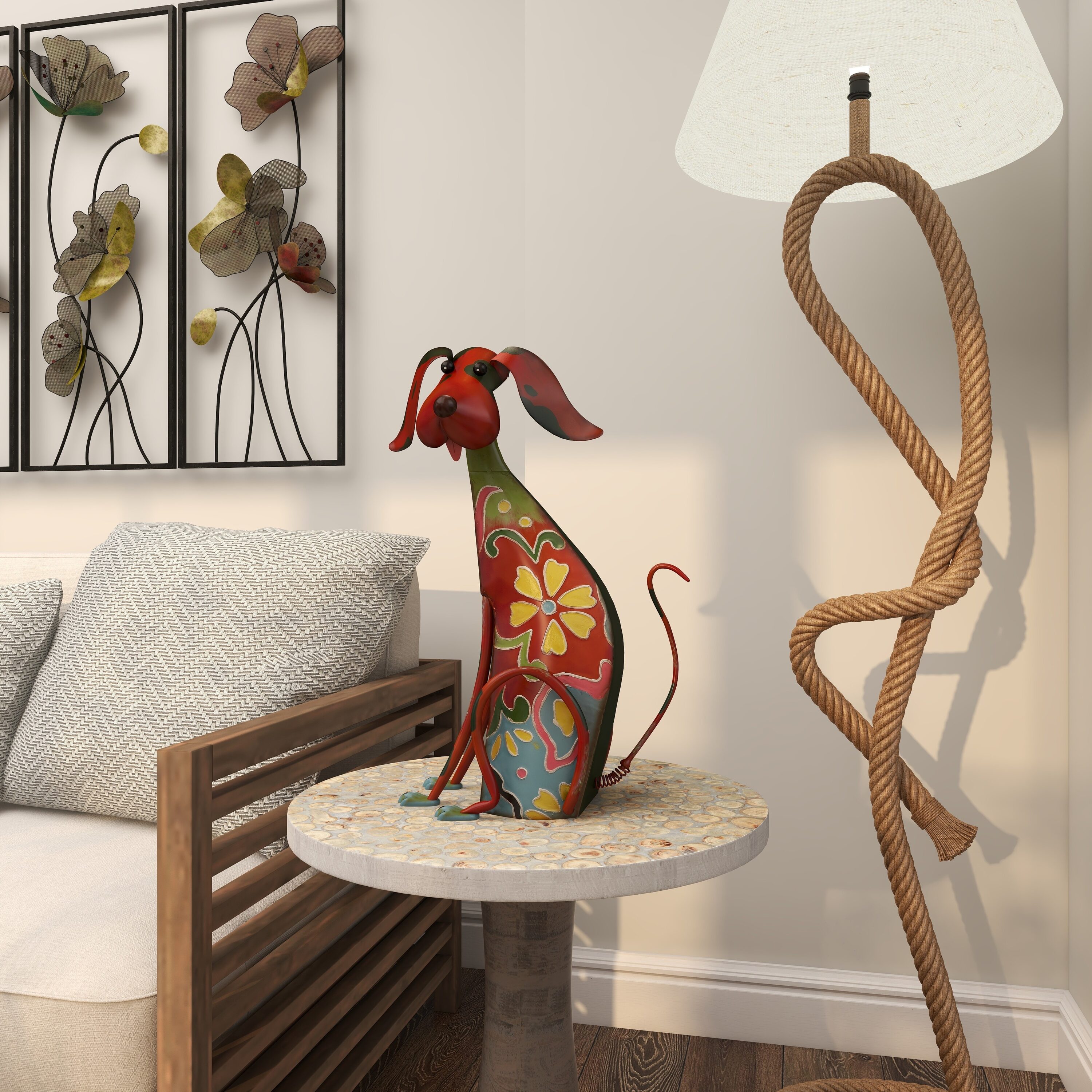 Multicolor Floral Iron Dog Garden Sculpture, 12" x 17"