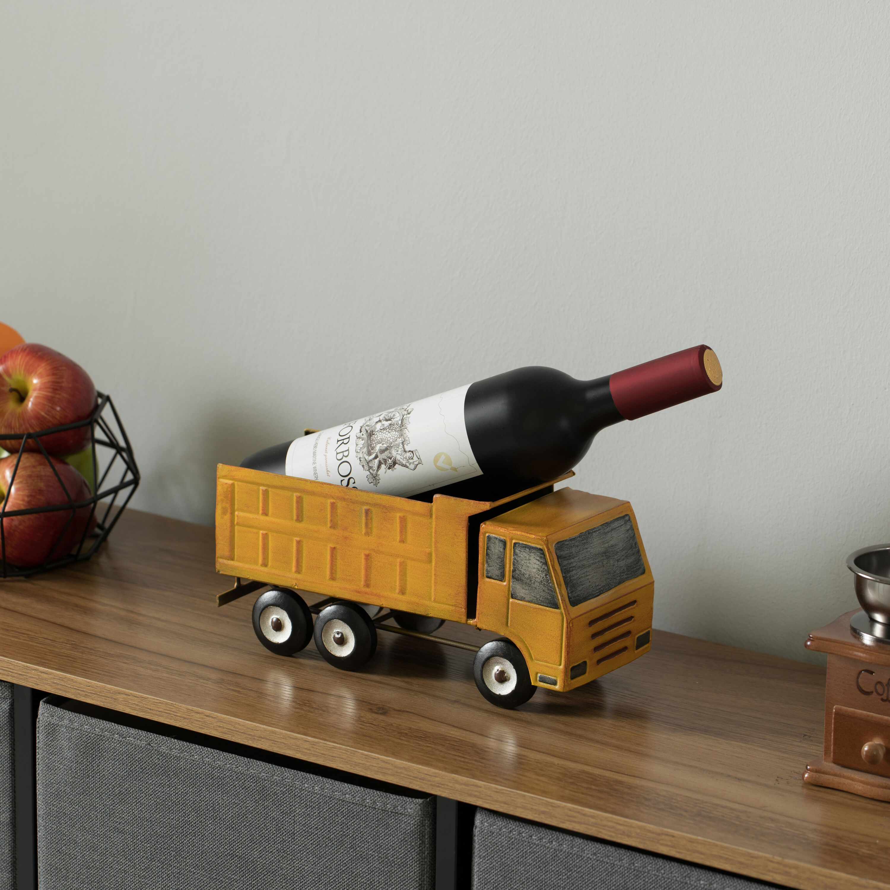Rustic Yellow Metal Truck Novelty Wine Rack for Tabletop