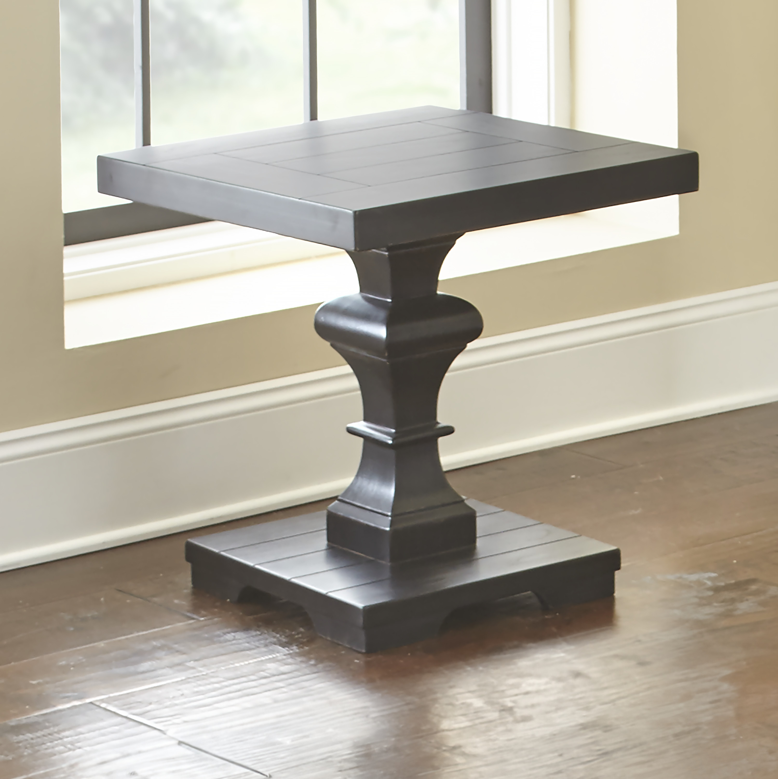 Dory Black Solid Wood Square End Table with Pedestal Base