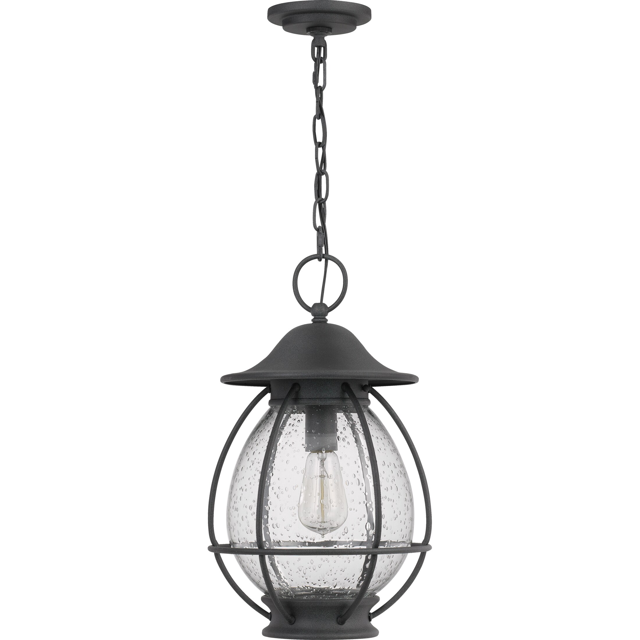 Quoizel Boston Mottled Black Transitional Seeded Glass Lantern Medium Outdoor Hanging Pendant