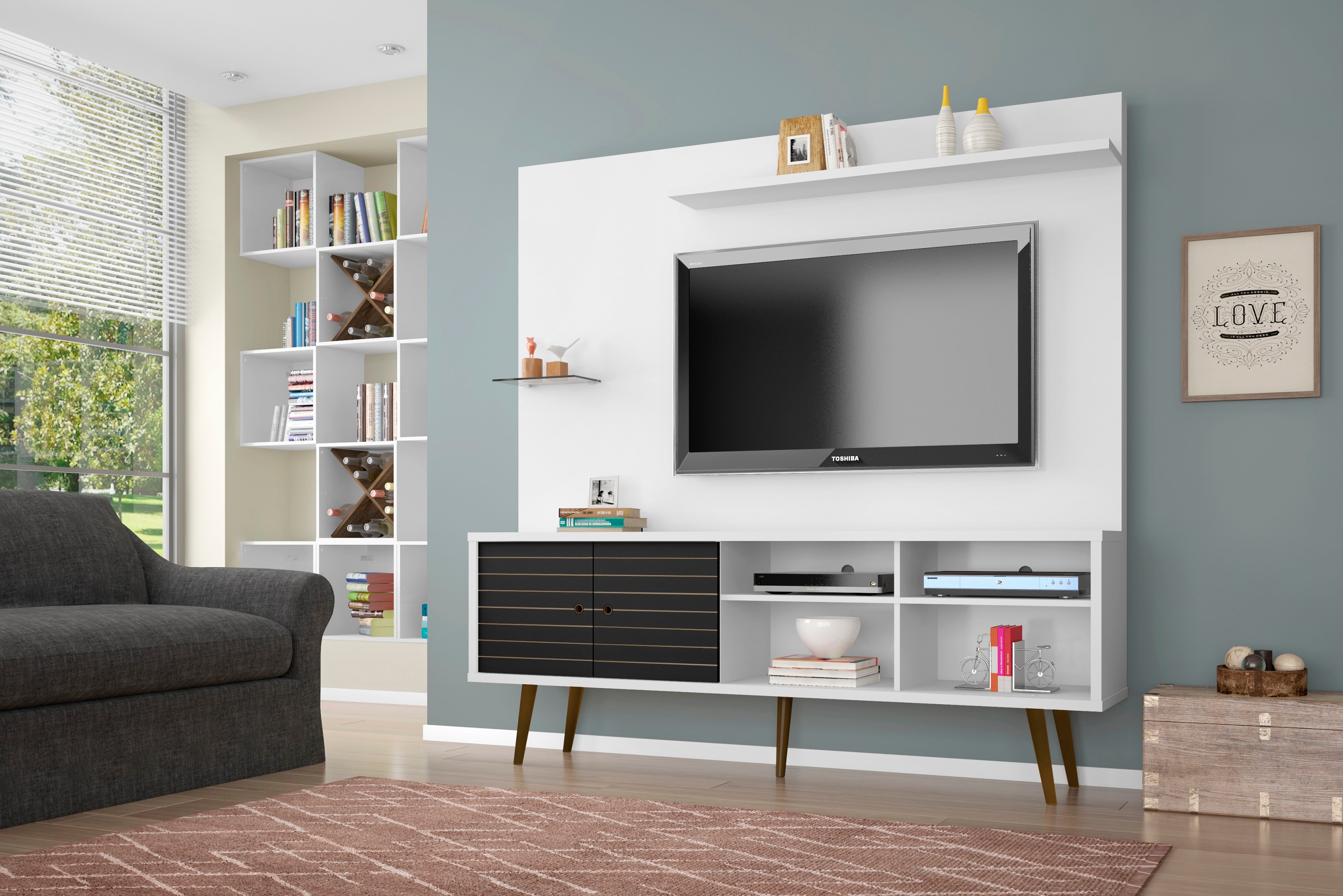 Manhattan Comfort 214BMC68 Liberty Modern/Contemporary White and Black TV stand Integrated TV Mount ( Accommodates TVs up to 55-in )