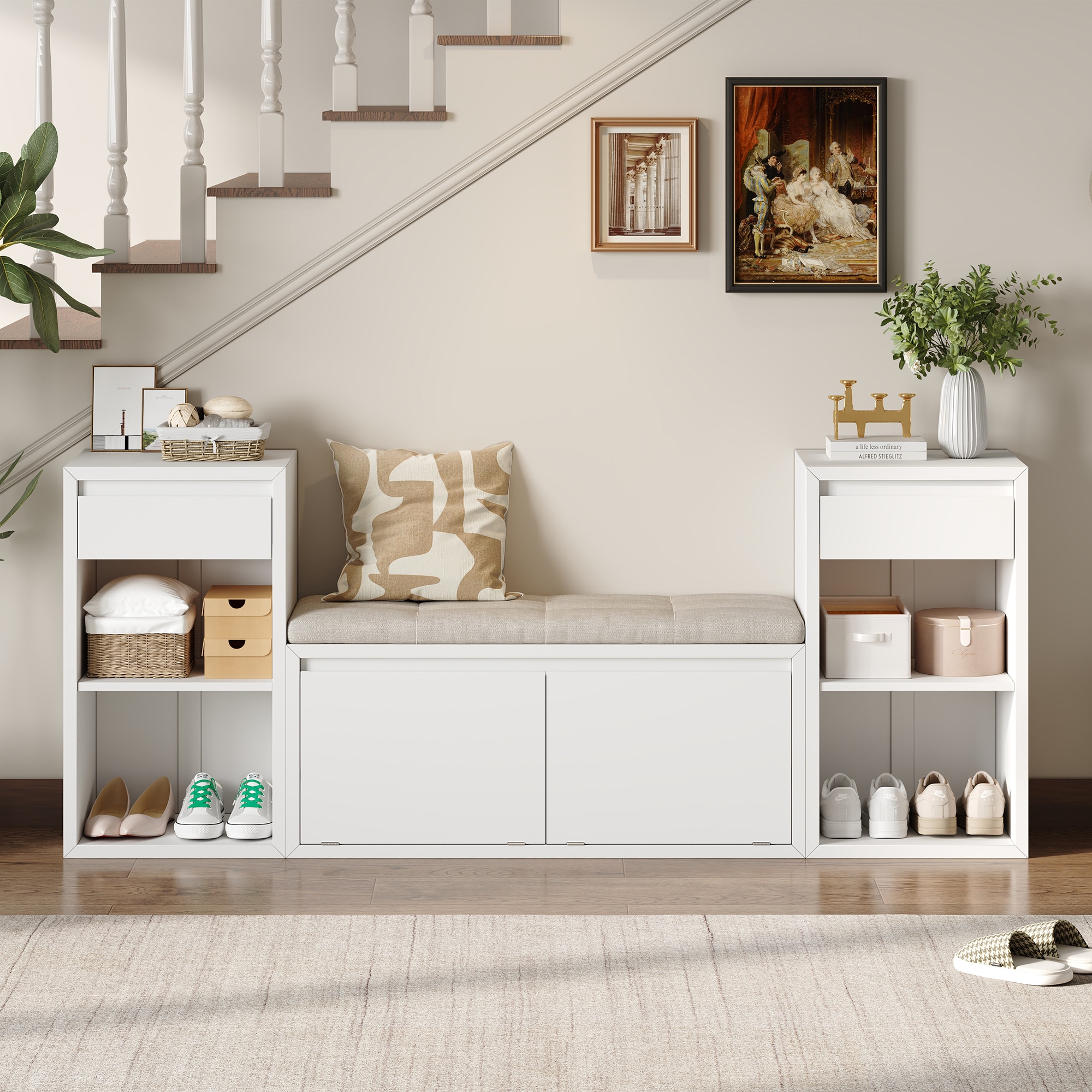 KTMBDW 3-in-1 Entryway Storage Bench with Cushion -Shoe Bench with 2 Drawers and Open Shelves for Hallway Living Room (White)