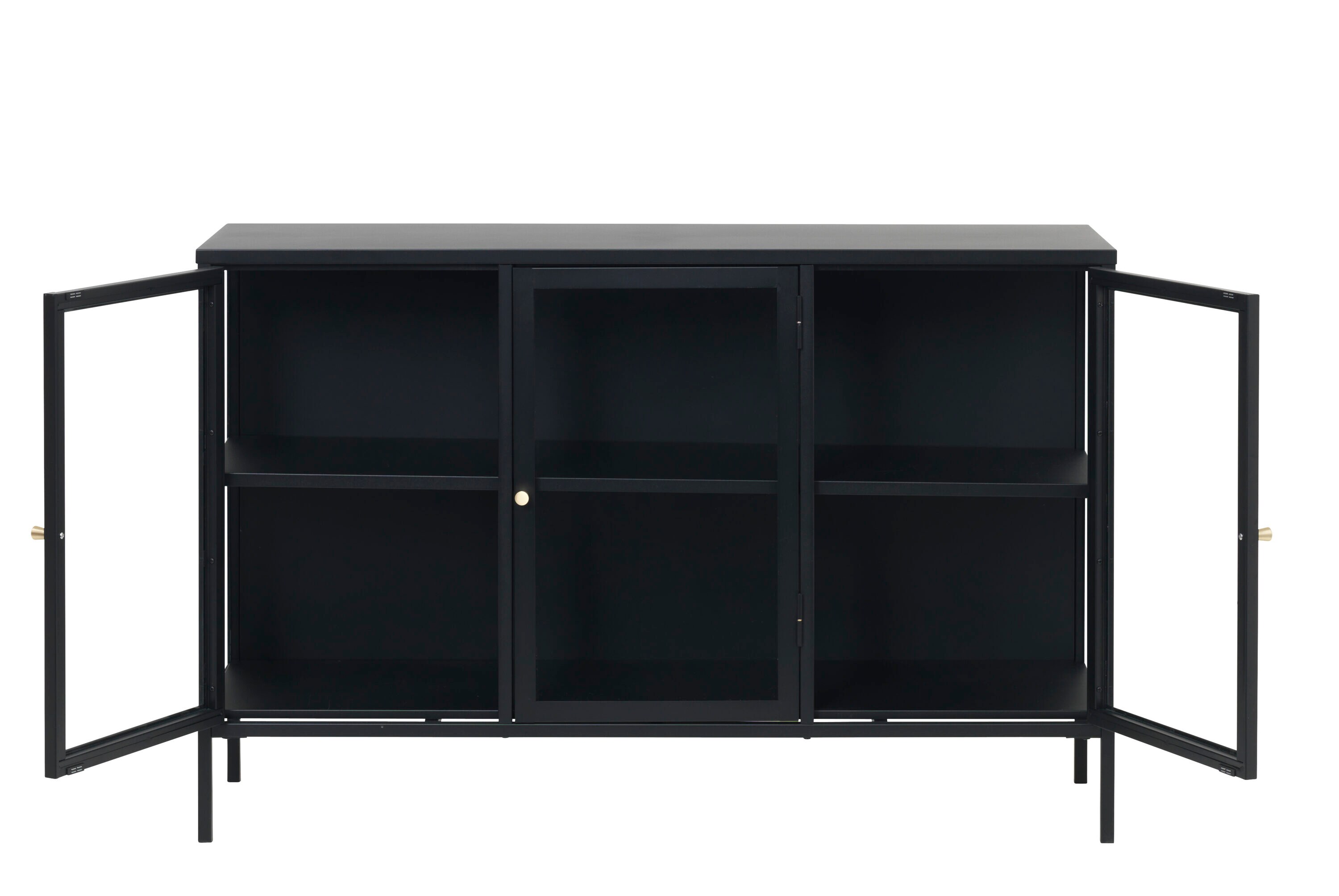Black Metal and Glass 3-Door Sideboard with Brass Knobs