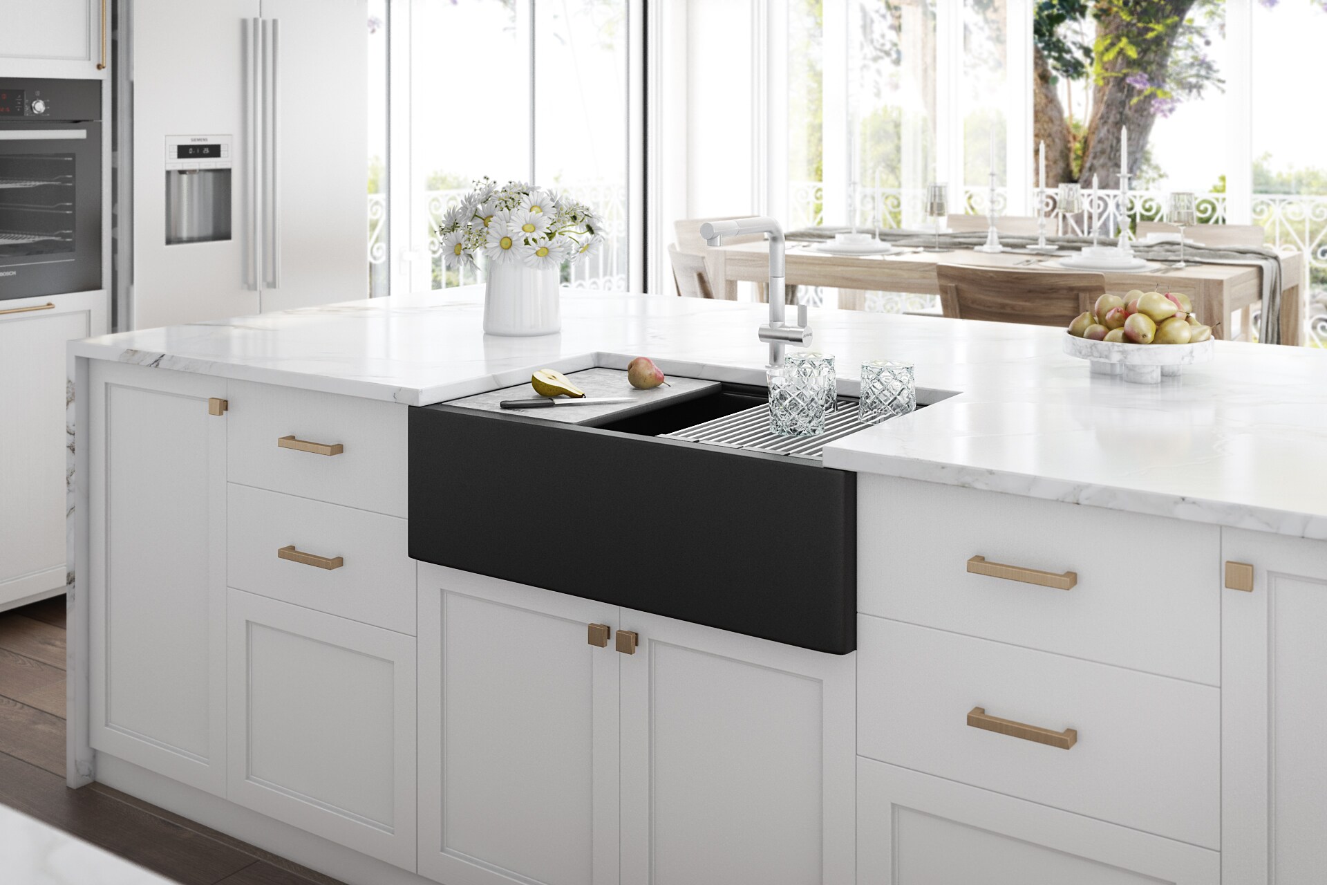 Midnight Black Granite Farmhouse Workstation Sink with Accessories